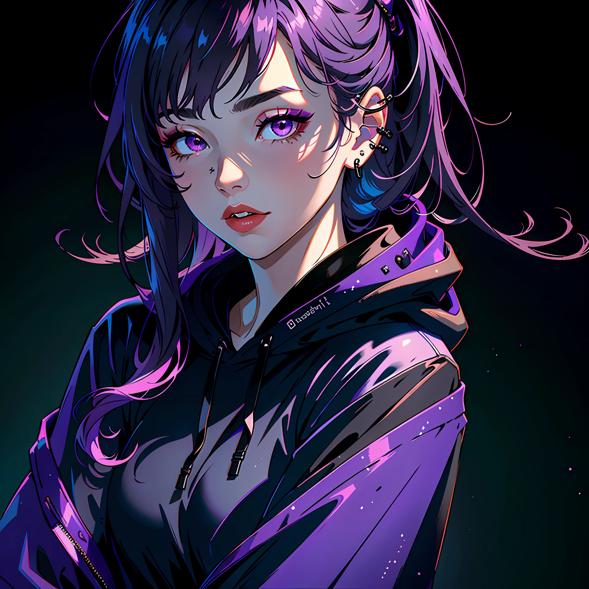 ((best quality)), highres, (detailed:1.4), ((masterpiece)), a portrait of a beautiful woman, mouth closed, solo, ((wearing a black hoodie)), (purple hair), (medium hair), (side bang), purple eyes, (ulzzang-6500:1.0), beautiful detailed face, detailed eyes, (eyeshadow makeup), multiple ear piercings, outdoors, cinematic lighting, deep shadows, ray tracing, light reflections, 8k