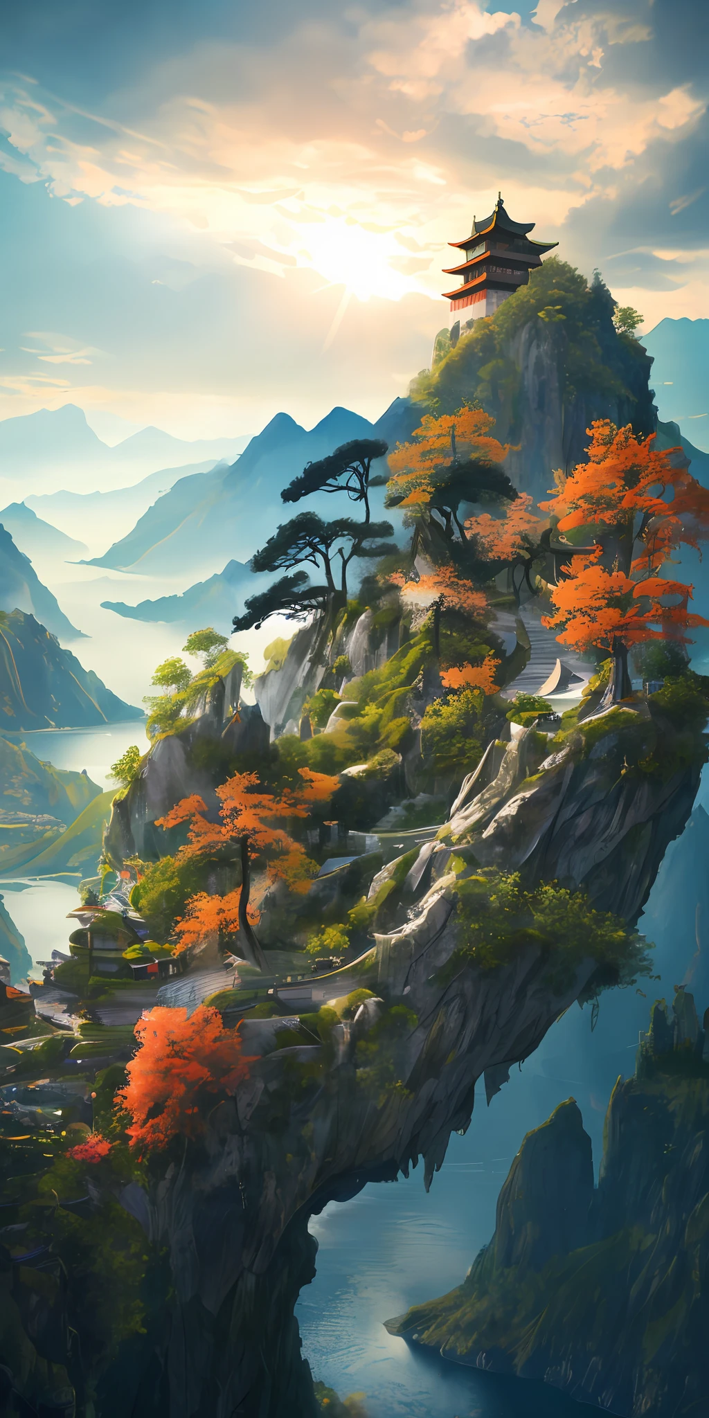 Mountains, trees, landscape Chinese painting style, ink painting