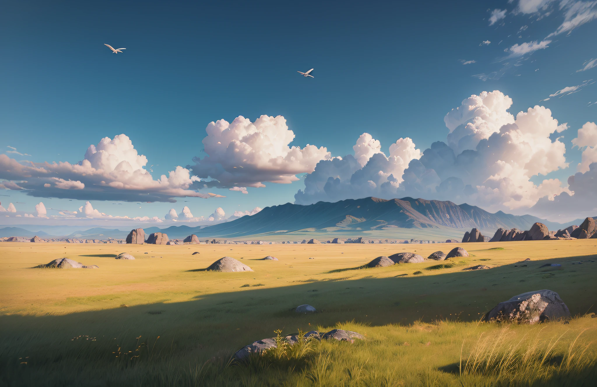 Landscape with short grass and small stones scattered on the ground, wide-angle image, distant plane, permenorized image and of great quality. --auto --s2