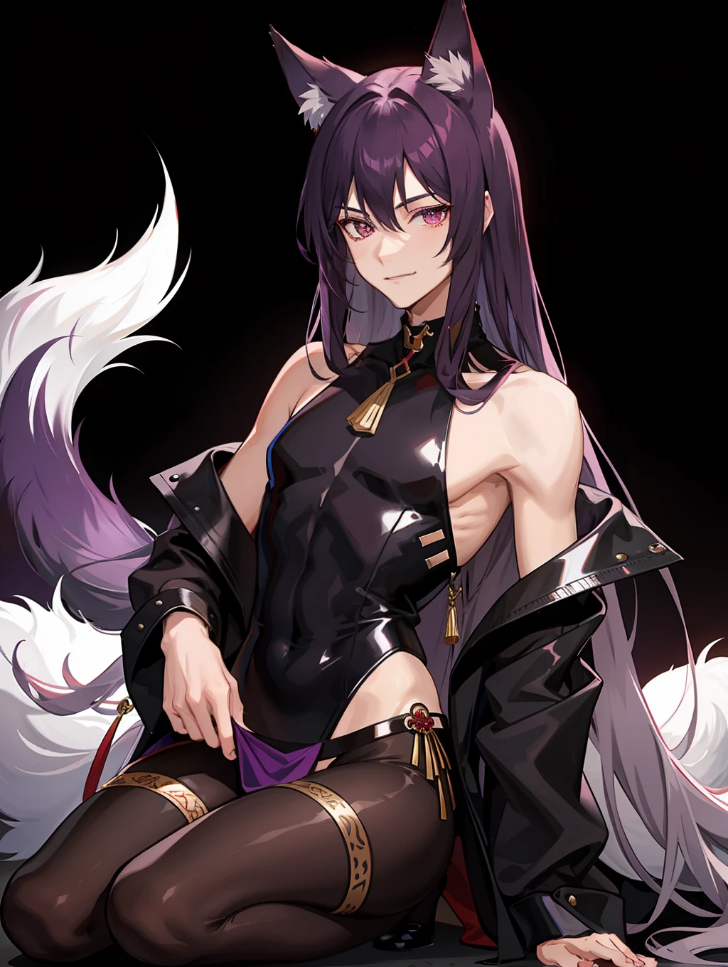 Young skinny guy, crimson eyes, long dark purple hair, partially loose, in black tight-fitting clothes with lots of silver jewelry, fox ears and tail, sly smile
