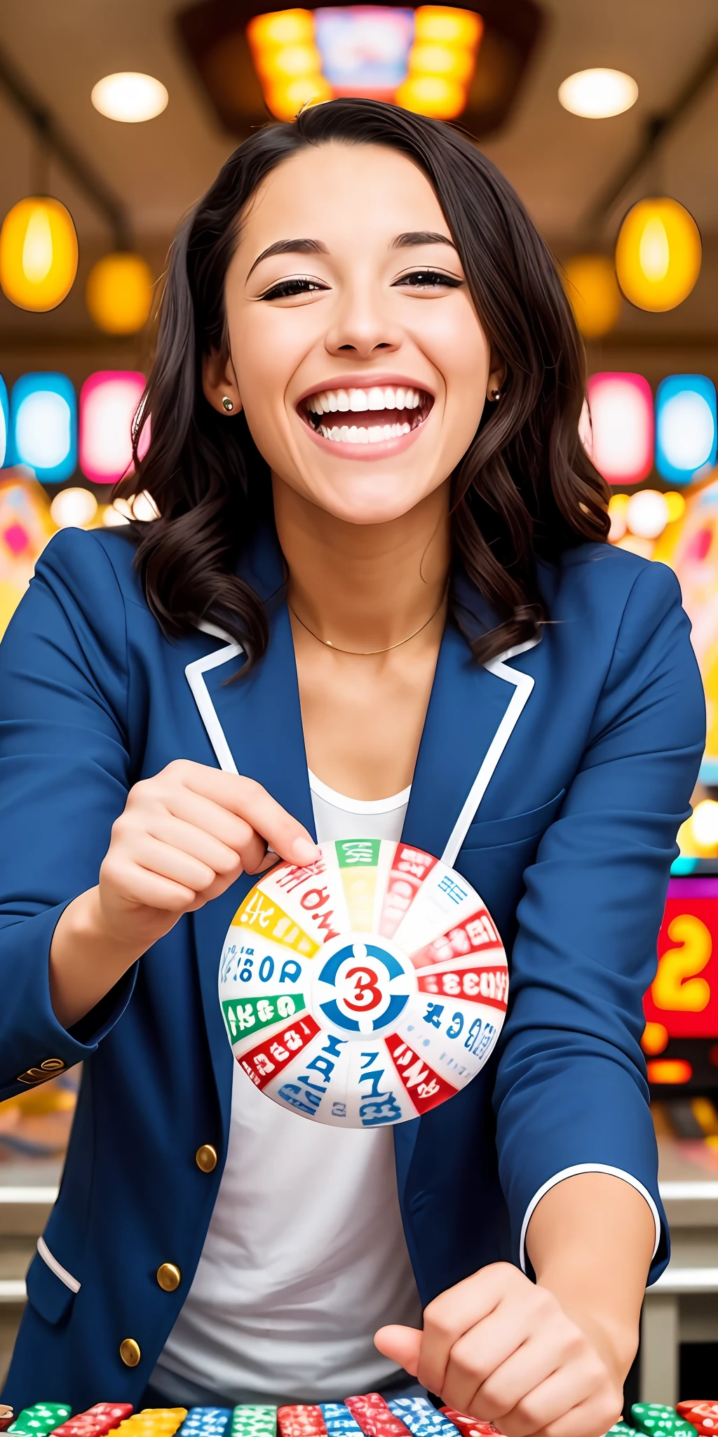 a very happy woman inside a lottery, celebrating that her ticket was awarded, and she is a millionaire, she needs to appear very happy, black RPG character and very happy