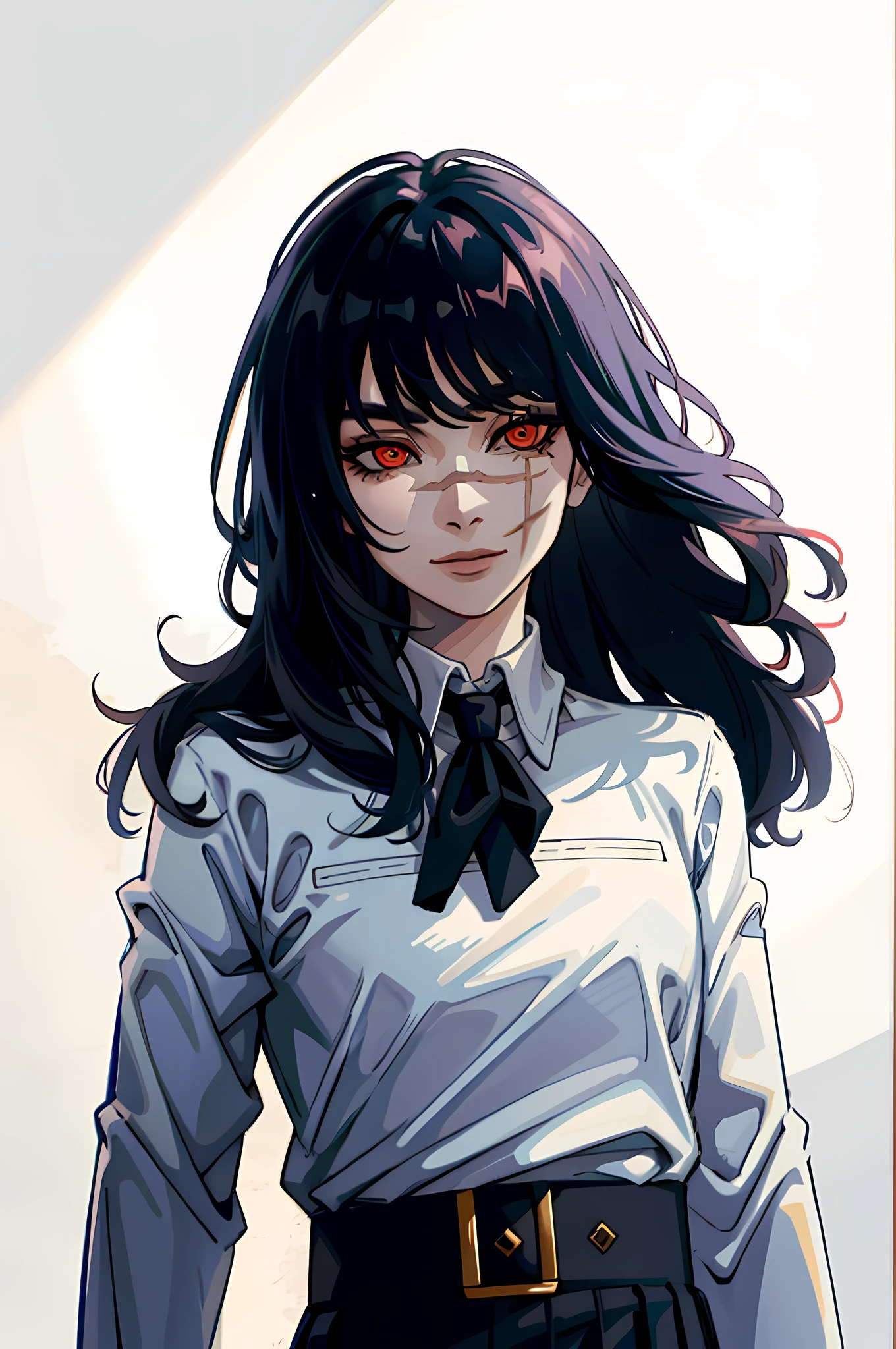 ```
"(best quality), yoru, 1girl, long hair, red eyes, scar on face, ringed eyes, military uniform, war medals, psychotic smile, white background, looking at viewer, (wallpaper), (8k HD),"
```