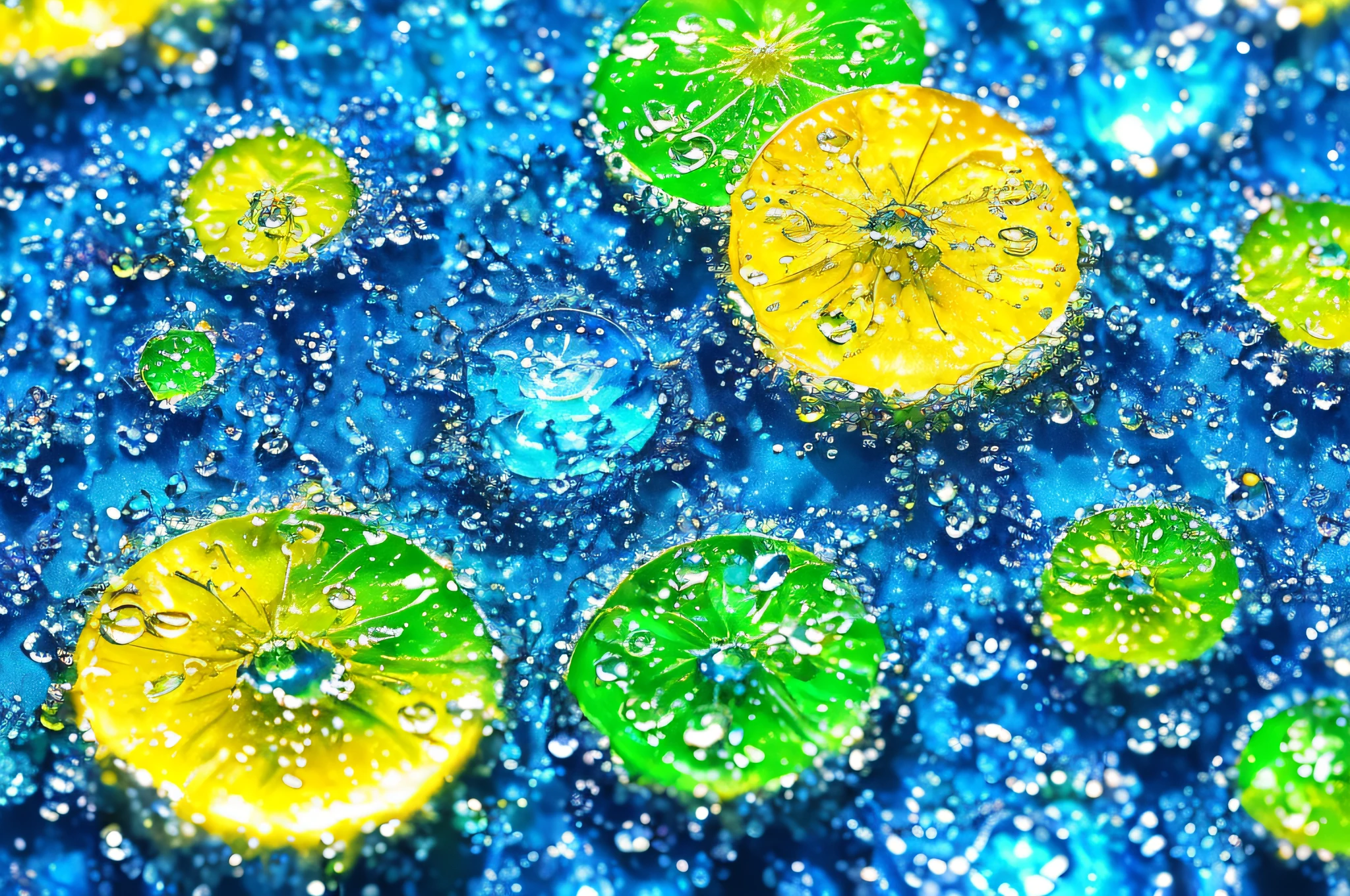 (ultra-detailed CG, nature abstract, colorful water drops macro background) floating, (wide shot, dynamic angle),(blue:1.3)+(yellow:1.2)+(green:1.2) drops of water, (high saturation, best illumination), (depth of field, blue splashing), (volumetric light, watercolor)