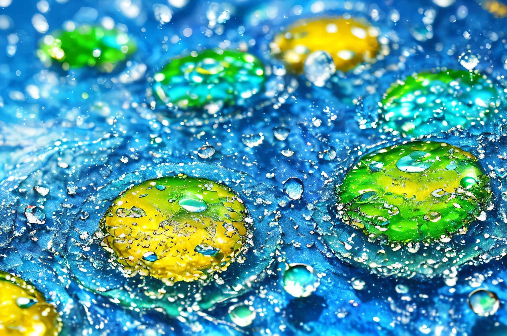 (ultra-detailed CG, nature abstract, colorful water drops macro background) floating, (wide shot, dynamic angle),(blue:1.3)+(yellow:1.2)+(green:1.2) drops of water, (high saturation, best illumination), (depth of field, blue splashing), (volumetric light, watercolor)