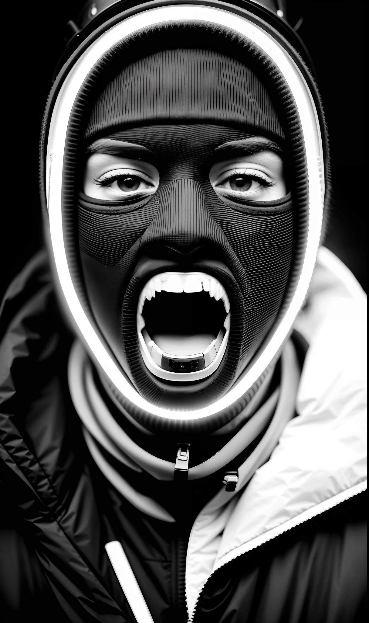 black and white photo of a.masked covering everything but the teeth and gold grillz on the teeth, without showing the face in black clothes neon silver, face, half body, body, highly detailed skin with futuristic details, skin pores, coastline, dark cloudy weather black rays, wind, waves, 8k uhd, Dslr, soft lighting, high quality, film grain, Fujifilm XT3