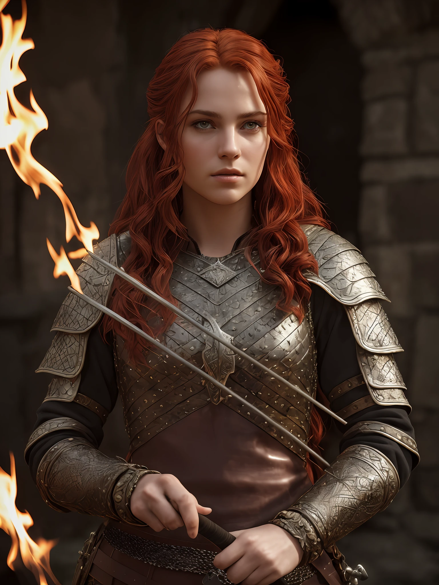 (High quality: 1.3), cinematic shot, masterpiece, (sharp focus: 1.5), (photorealistic: 1.3), medium portrait of (a young Viking archer woman of tired appearance, but still proud and fierce, red hair traced, dressed in elaborately detailed chain mail and leather armor, some torches burn on the walls, giving the scene a somber atmosphere but sculpting the shapes in crisp chiaroscuro), is night, (highly detailed skin), (detailed face), detailed background, dark lighting, twilight lighting, volumetric lighting, complex details, UHD,