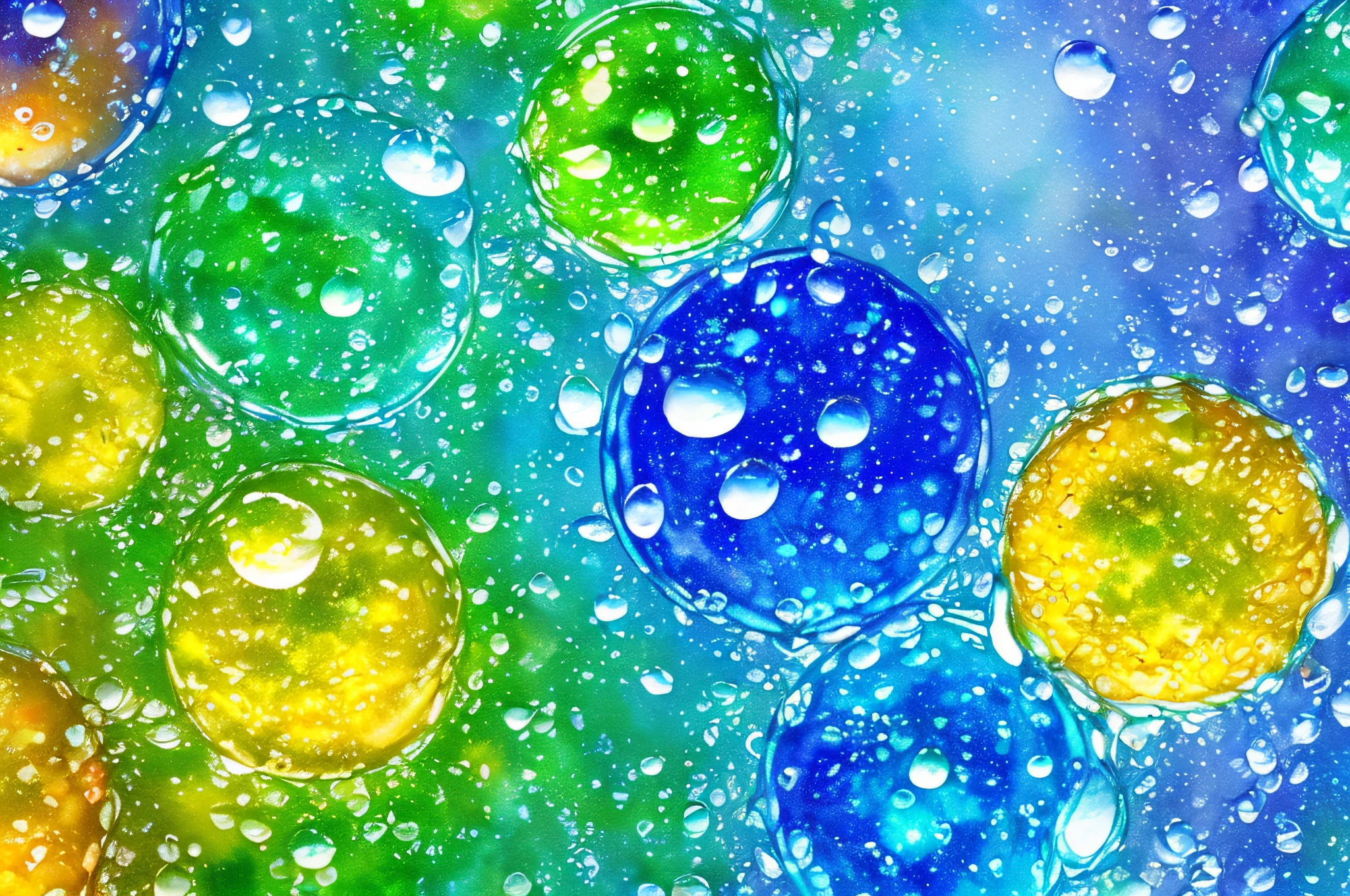 (ultra-detailed CG, abstract biology, colorful water droplets macro background) floating, (wide shot, dynamic angle),(blue:1.3)+(yellow:1.2)+(green:1.2) virus, (high saturation, better lighting), (depth of field, blue splashes), (volumetric light, watercolor)