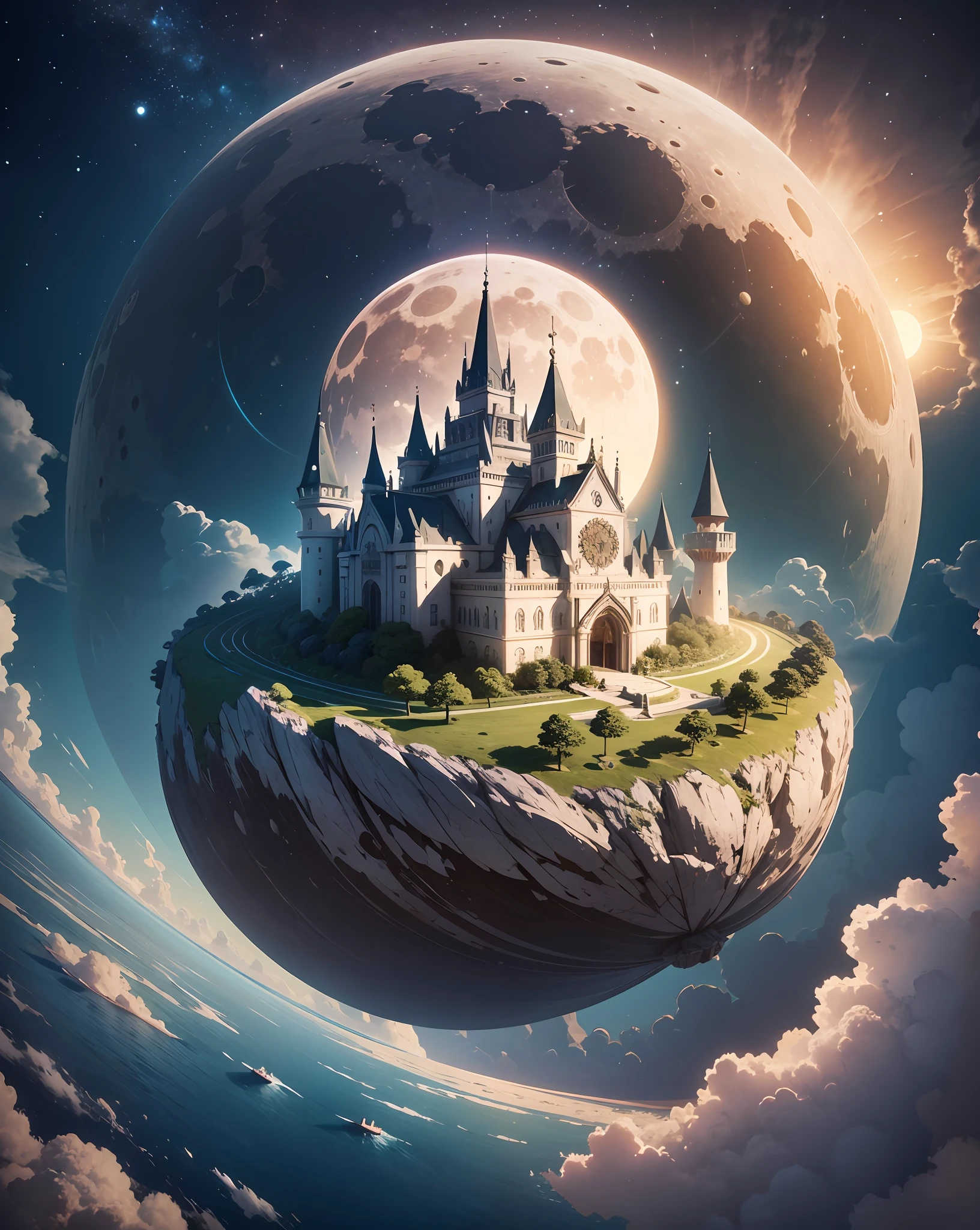 a highly detailed scene Where a lots of islands float in the sky.  8k, octane render, Intricate hyperdetails, Symmetrical, giant bright moon and vault of heaven in the background --auto --s2
