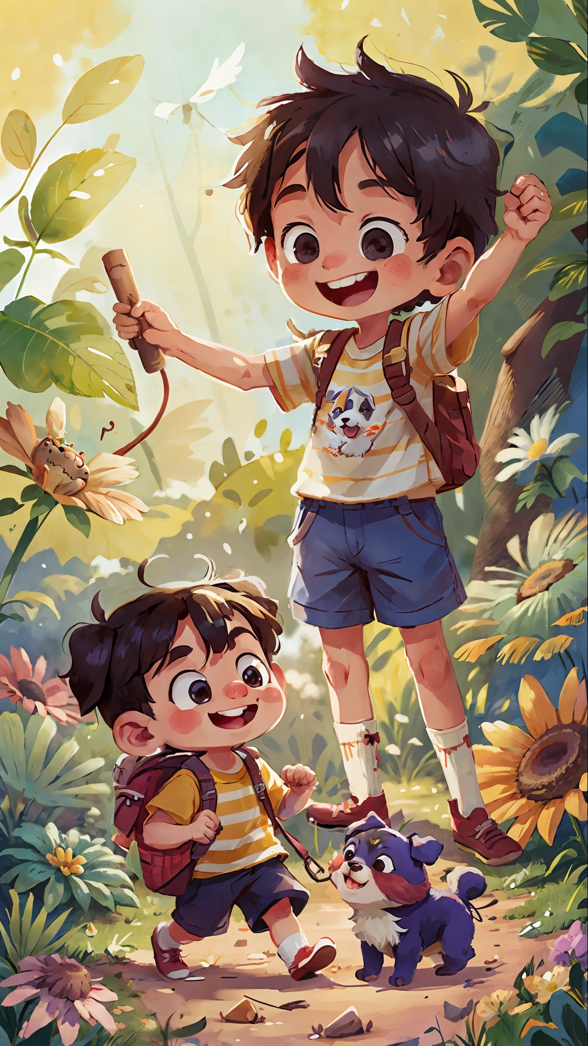 a child pulling a dog and happy, smiling, v6