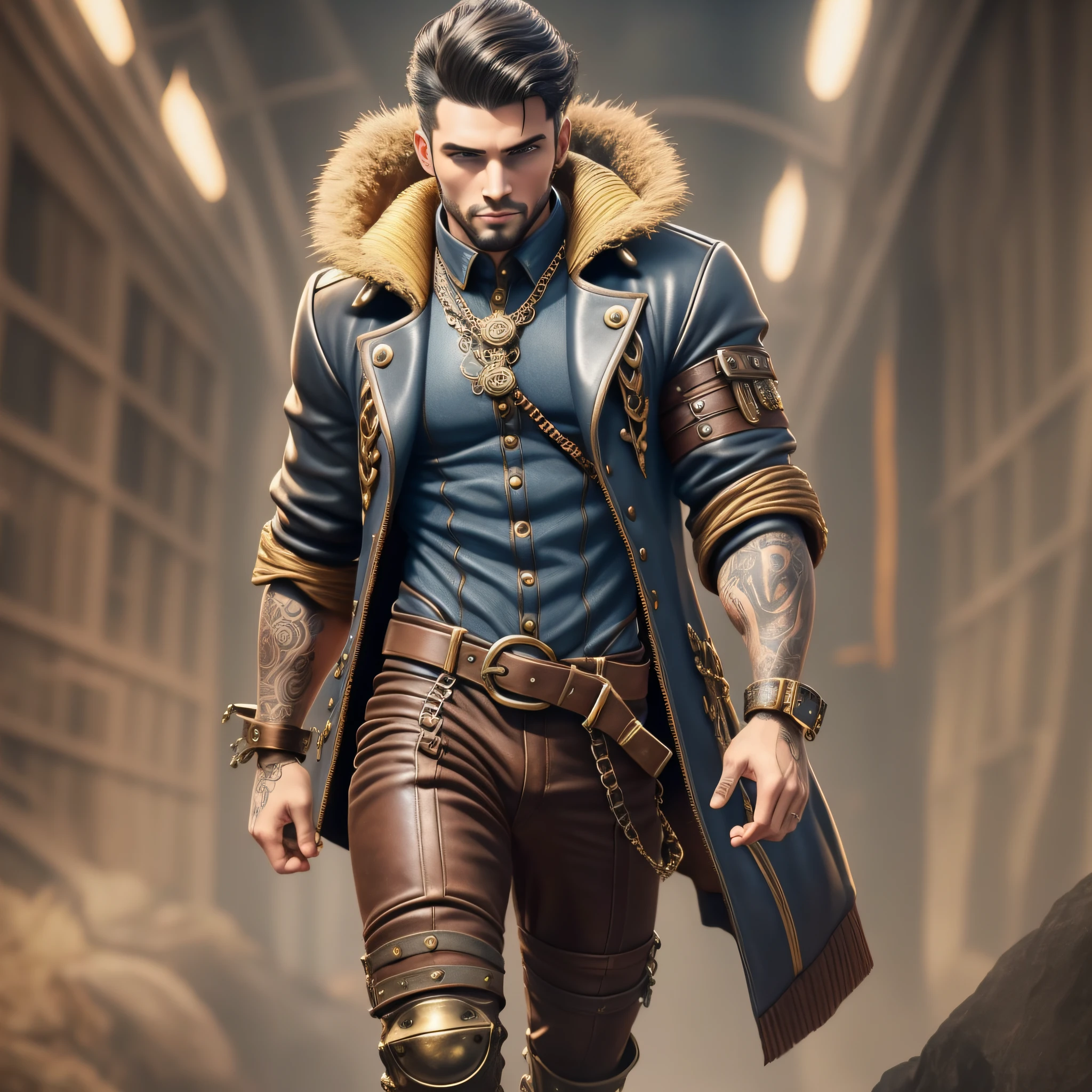 (full-length: 1.2), a masterpiece, of the highest quality, beautiful and aesthetic, a tall, muscular man with short, dark hair and blue eyes (metallic tan skin: 1.5), covered with tattoos (runes: 1.2), dressed in (dark brown leather jacket with a high collar and metal buckles: 1.3), black boots with hard soles, (technology: 1.2), (steampunk accessories: 1.3), super detailed,  sharpness, erosion, colorfulness, hyperrealism