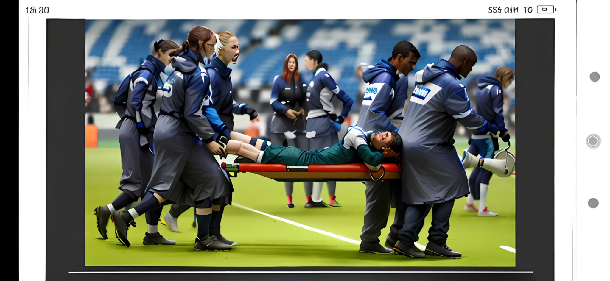 There is a photo of a soccer match, inside a huge sports stadium, it is raining, there are four women in shiny blue raincoats on the photo, the four women are carrying s stretcher between them, the stretcher is shining from the smooth pvc material, on the stretcher there is a soccer player lying in a green sports outfit, the soccer player is lying on his back, he is in pain and screams like crazy, all of the four women are cryingvtears and have vers dramatically suffering faces, dramatic action scene, theatralic action pose