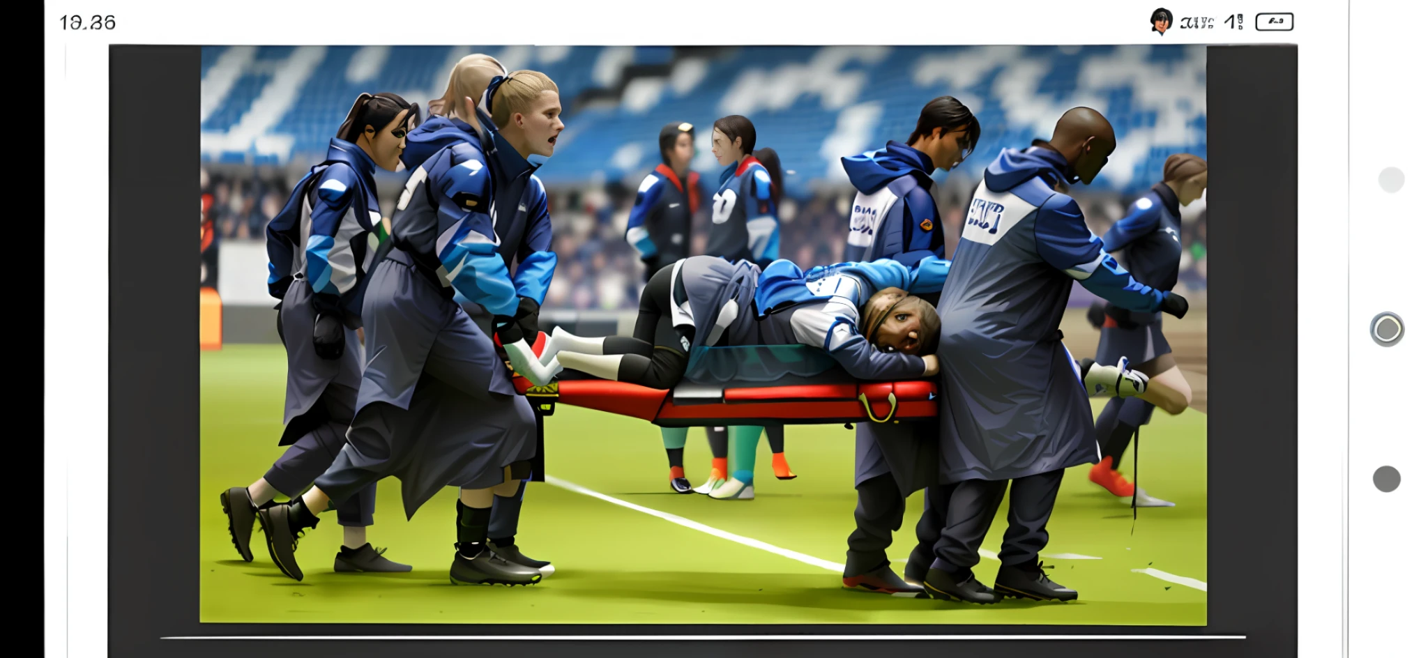 There is a photo of a soccer match, inside a huge sports stadium, it is raining, there are four women in shiny blue raincoats on the photo, the four women are carrying s stretcher between them, the stretcher is shining from the smooth pvc material, on the stretcher there is a soccer player lying in a green sports outfit, the soccer player is lying on his back, he is in pain and screams like crazy, all of the four women are cryingvtears and have vers dramatically suffering faces, dramatic action scene, theatralic action pose