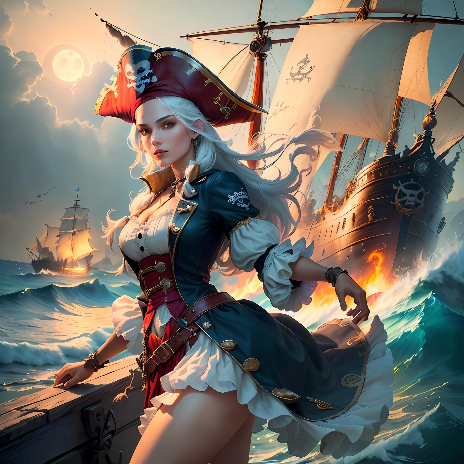 masterpiece, absurdres, best quality ,intricate details , (shiny skin, shiny body, shiny oily luster skin, shiny hair, pale skintone), pirate ship , Sundown , 1girl , White hair , Braid , eye patch , shoulder tattoo , Black blouse without sleeves , earrings , gloves , Black pants , pirate hat , Parrot on the shoulder , Don't look at the view , Not looking at the view, full body, view from below, pirate boots, chiaroscuro, intricate colors,