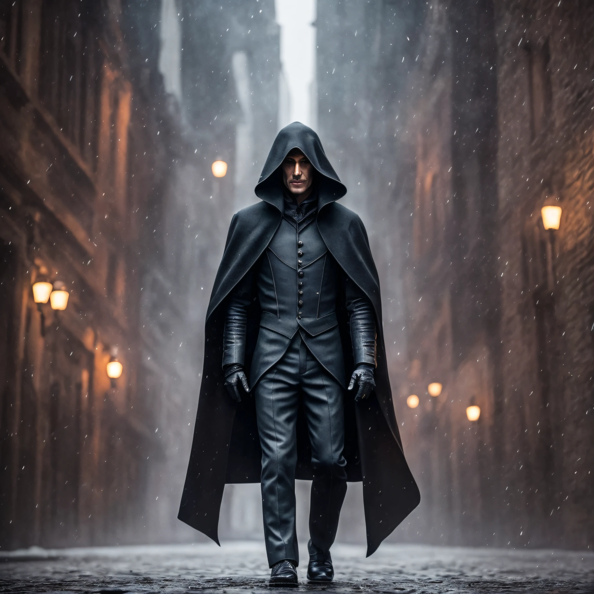 tall thin man,wearing a black overcoat with hood hiding part of face,at night,macabre environment,8k,cinematic,rich in detail --auto --s2