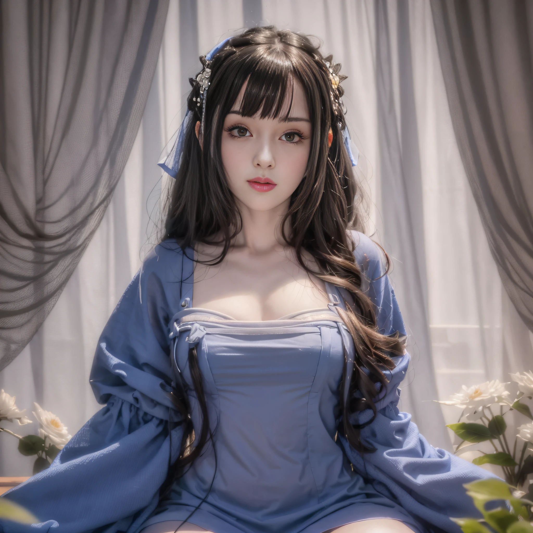 masterpiece, best quality, aponia_outfit, 1 girl, solo, looking at the audience, breasts, white background, blue eyes, room, simple background, smile, sitting, nun, veil, black dress, chest curtain, split sleeves, long sleeves, frills, pelvic curtain, borderless garment, butterfly dress, standing, tummy, random movements