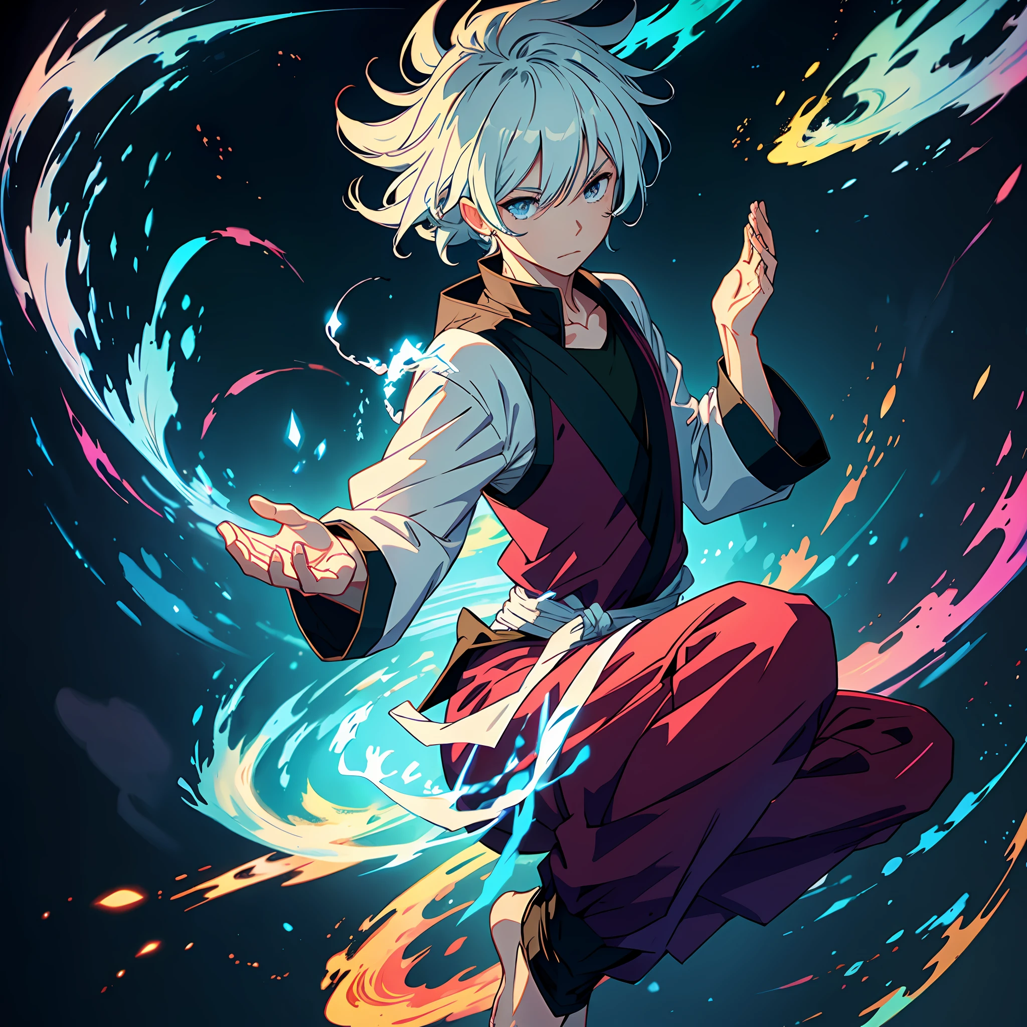 sorcerer floating in meditation pose while manipulating energy between hands,style anime