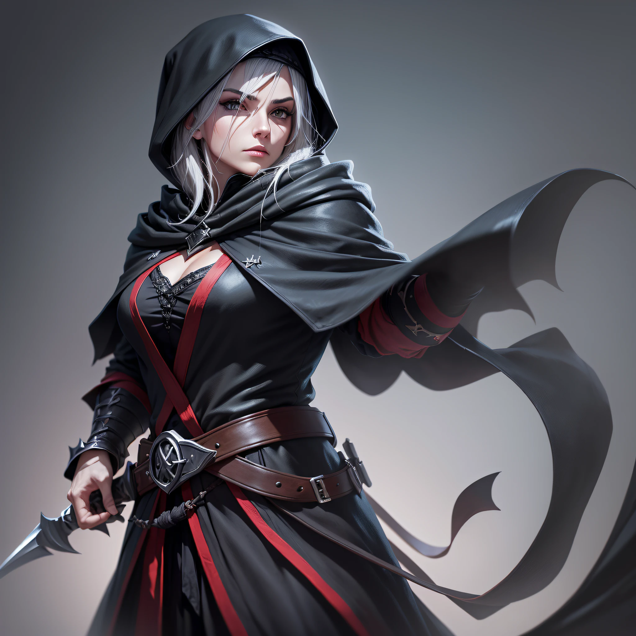 Create an Assassin character with a black hood a black cloak with daggers and a dark backdrop --auto --s2