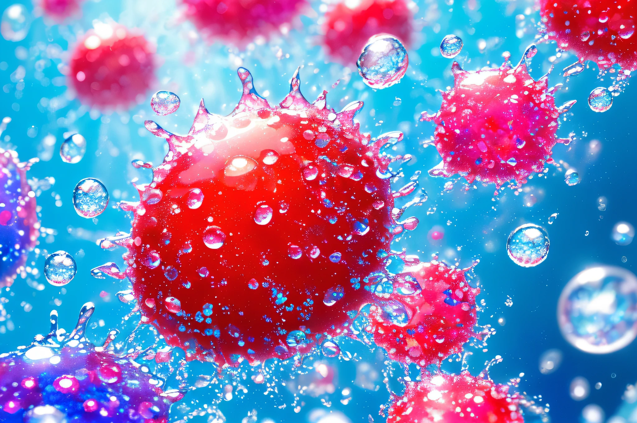 (ultra-detailed CG, abstract biology, colorful water droplets macro background) floating, (wide shot, dynamic angle),(blue: 1.3)+(red: 1.2)+(pink: 1.2) virus, (high saturation, better lighting), (depth of field, white splashes), (volumetric light, watercolor)