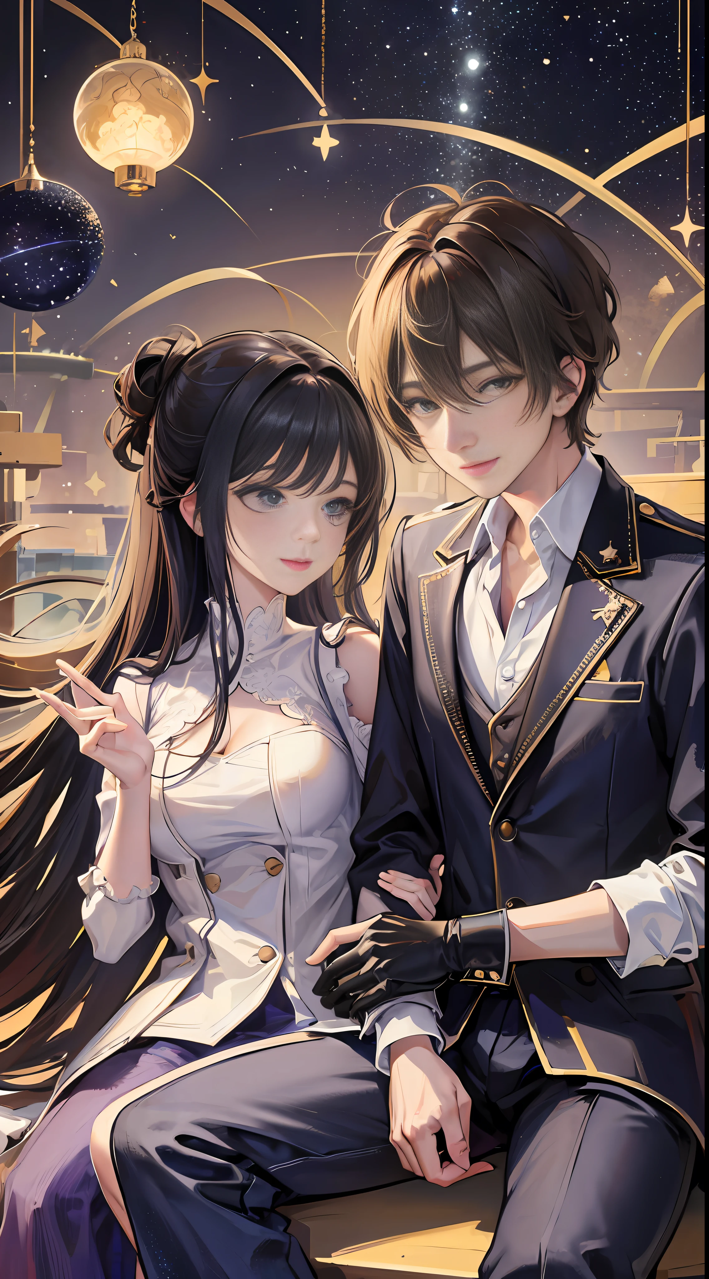 smiling, Meteor shower in a starry sky, a couple sitting together looking at the stars, masterpiece, best quality, intricate detail, absurdres --auto --s2