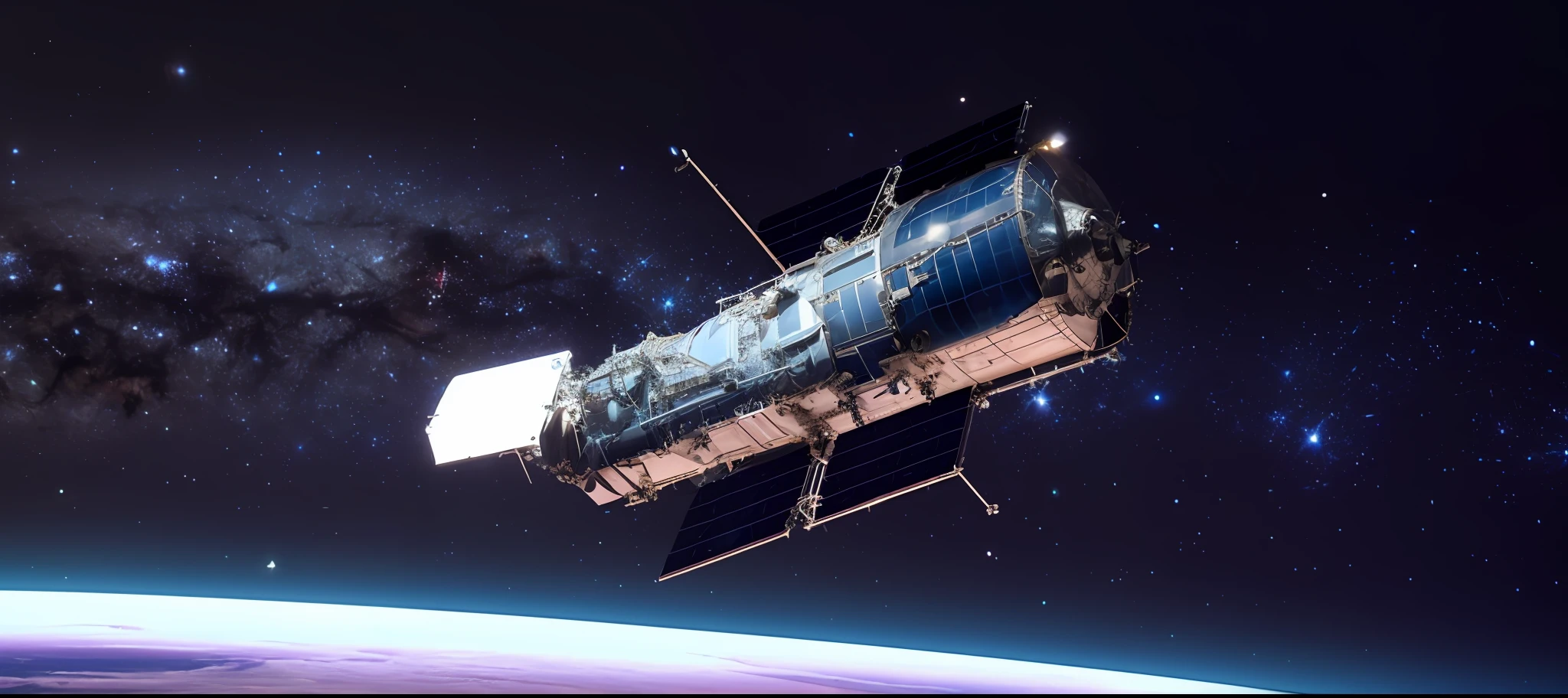 a close up of a space station in the sky with a star filled background, hubble telescope, hubble space telescope, nubulae hubble, hubble, hubble image, hubble telescope images, space telescope, hubble photo, hubble photo background, habl telescope, hubble photography, hubble photograph, deep space hubble photograph, spaceship in space, space photography, space satellites