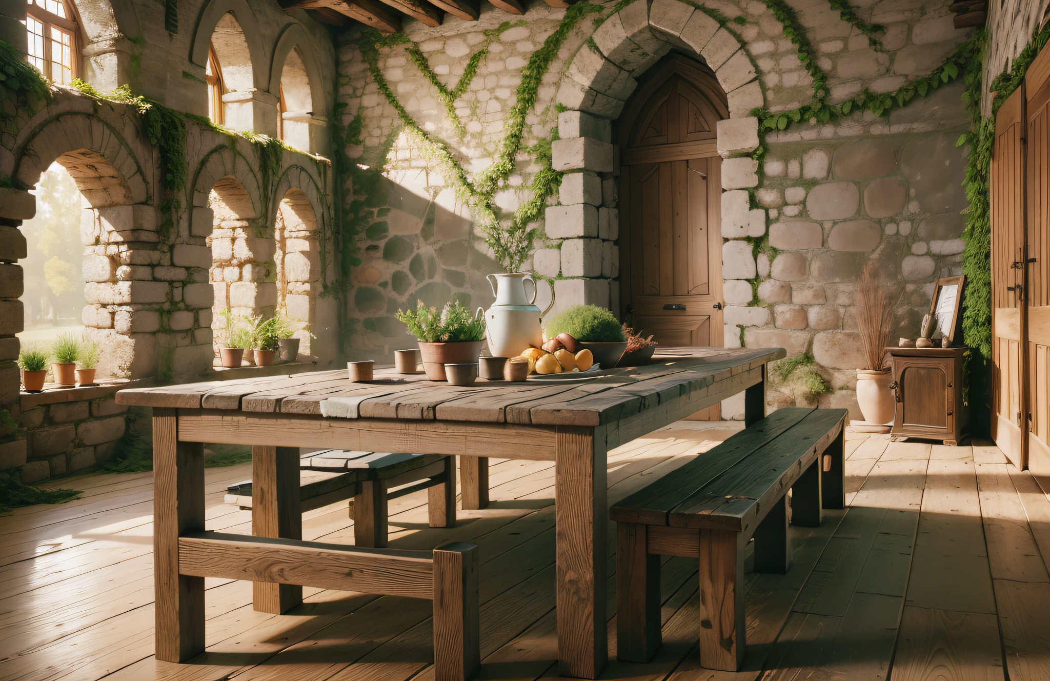 modelshoot style, (extremely detailed CG 8k wallpaper), in the center of the room a wide and long wooden table with food scraps, An old and wide room, with stone walls and little high, without ceiling, at the back of the room there are Roman stone arches in ruins that face a garden --auto --s2