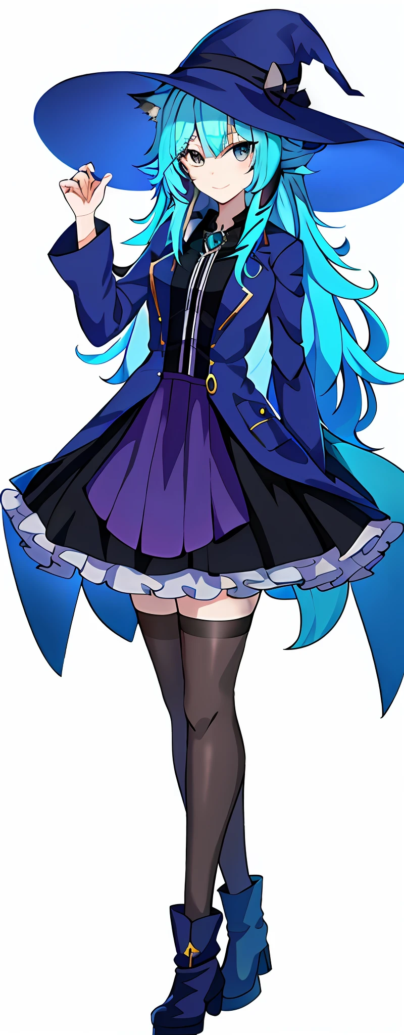 a woman in a short skirt and hat with a hat on, holo is a fox girl, ecchi anime style, fullbody, vtuber, ecchi style, high res, thighhighs and skirt, witch, pastel goth style, lunar themed attire, space themed attire, magical girl, long hair, messy hair, open jacket, boots, tall, transgender