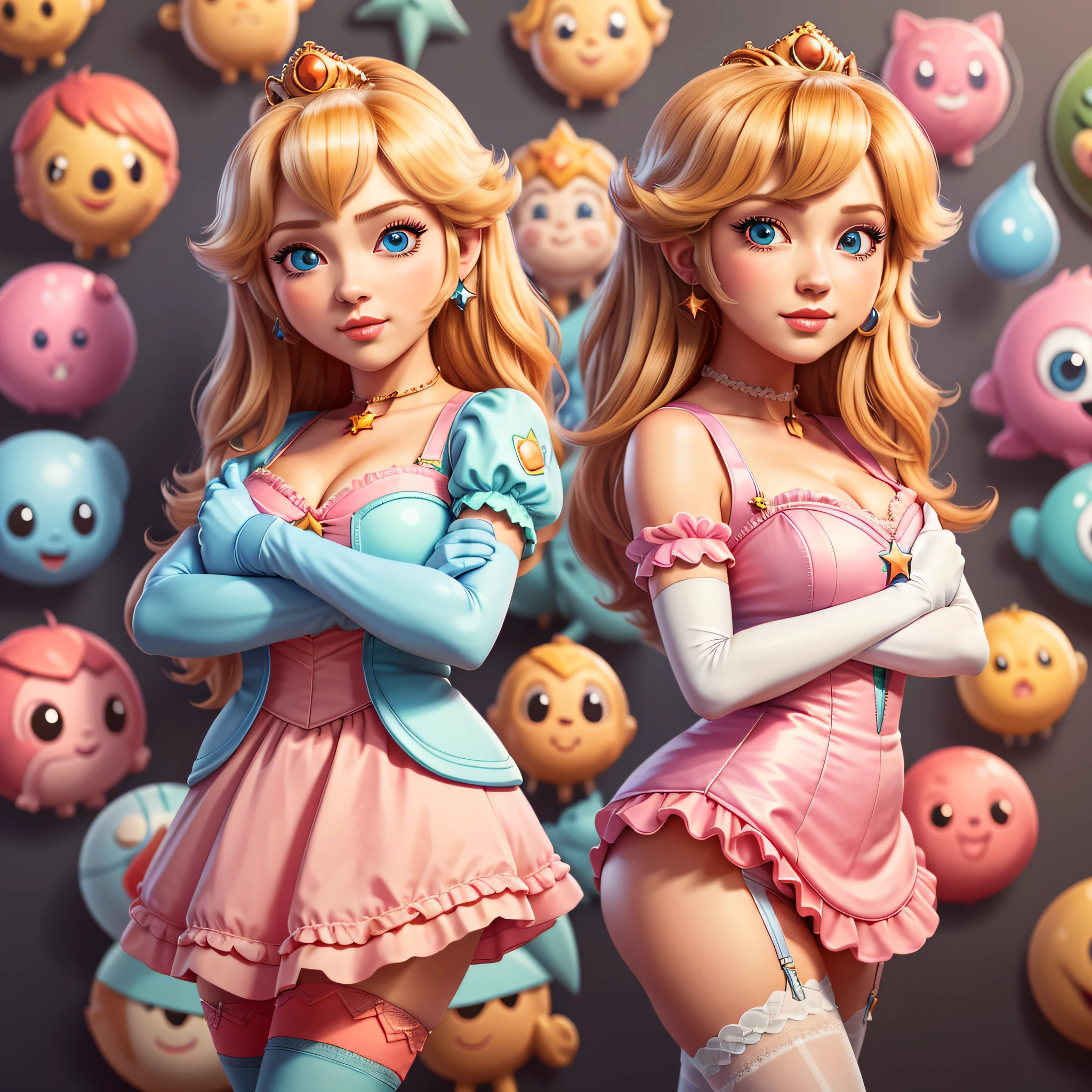 STICKER, (best quality, masterpiece highres:1.4, solid outline:1.2), absurdres, 1 girl, large breast, star eye, (princess peach), blush, (realistic:1.5), blue eyes, short tight dress, milf, white arm glove, full body portrait, cowboy shot, no background, looking at viewer, perfect face, detailed face, bangs, perfect body, beautiful eyes, pretty face, bright skin, idol, shoes, cleavage, ass view, sexy stockings, unbutton top, dress open, panties