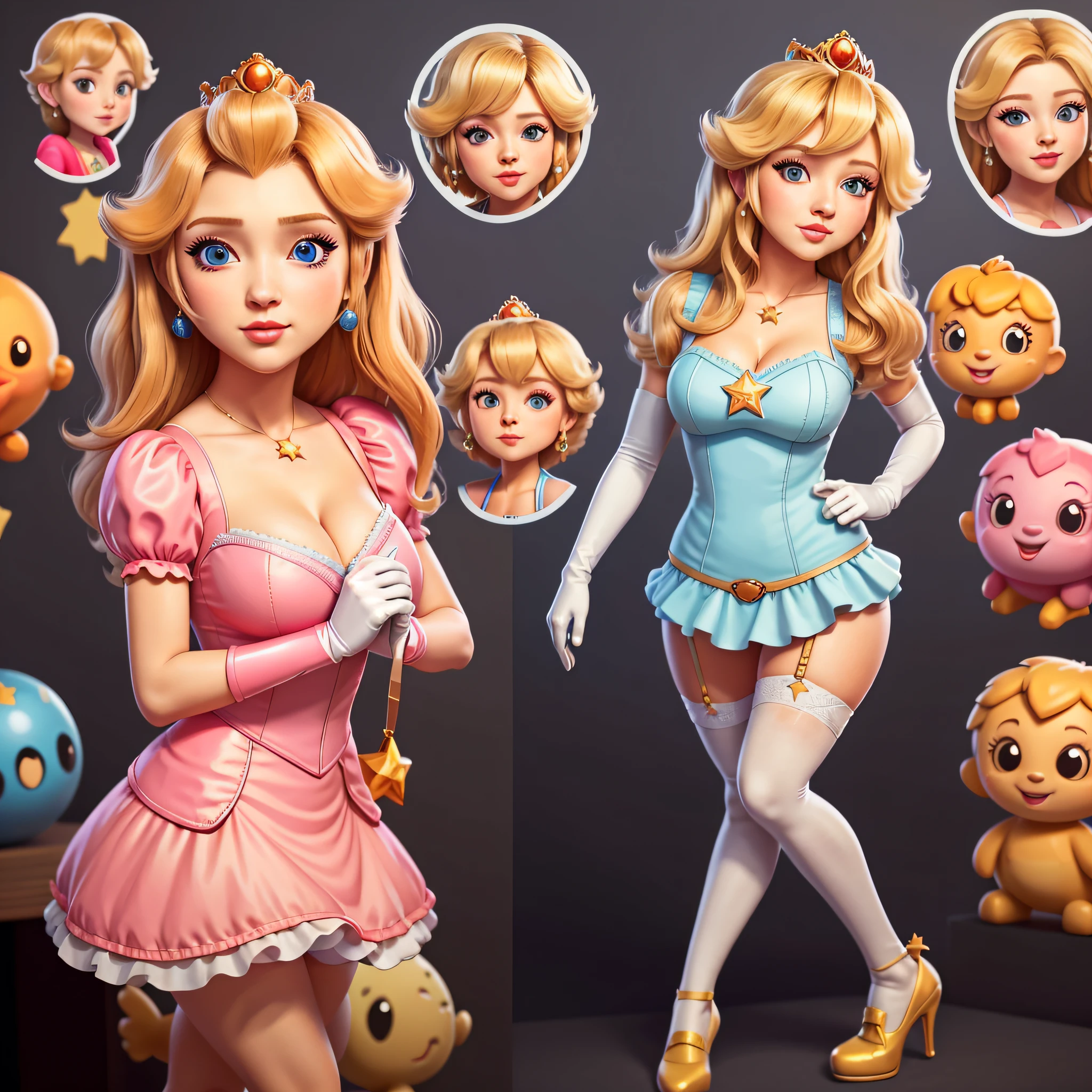 STICKER, (best quality, masterpiece highres:1.4, solid outline:1.2), absurdres, 1 girl, large breast, star eye, (princess peach), blush, (realistic:1.5), blue eyes, short tight dress, milf, white arm glove, full body portrait, cowboy shot, no background, looking at viewer, perfect face, detailed face, bangs, perfect body, beautiful eyes, pretty face, bright skin, idol, shoes, cleavage, ass view, sexy stockings, unbutton top, dress open, panties