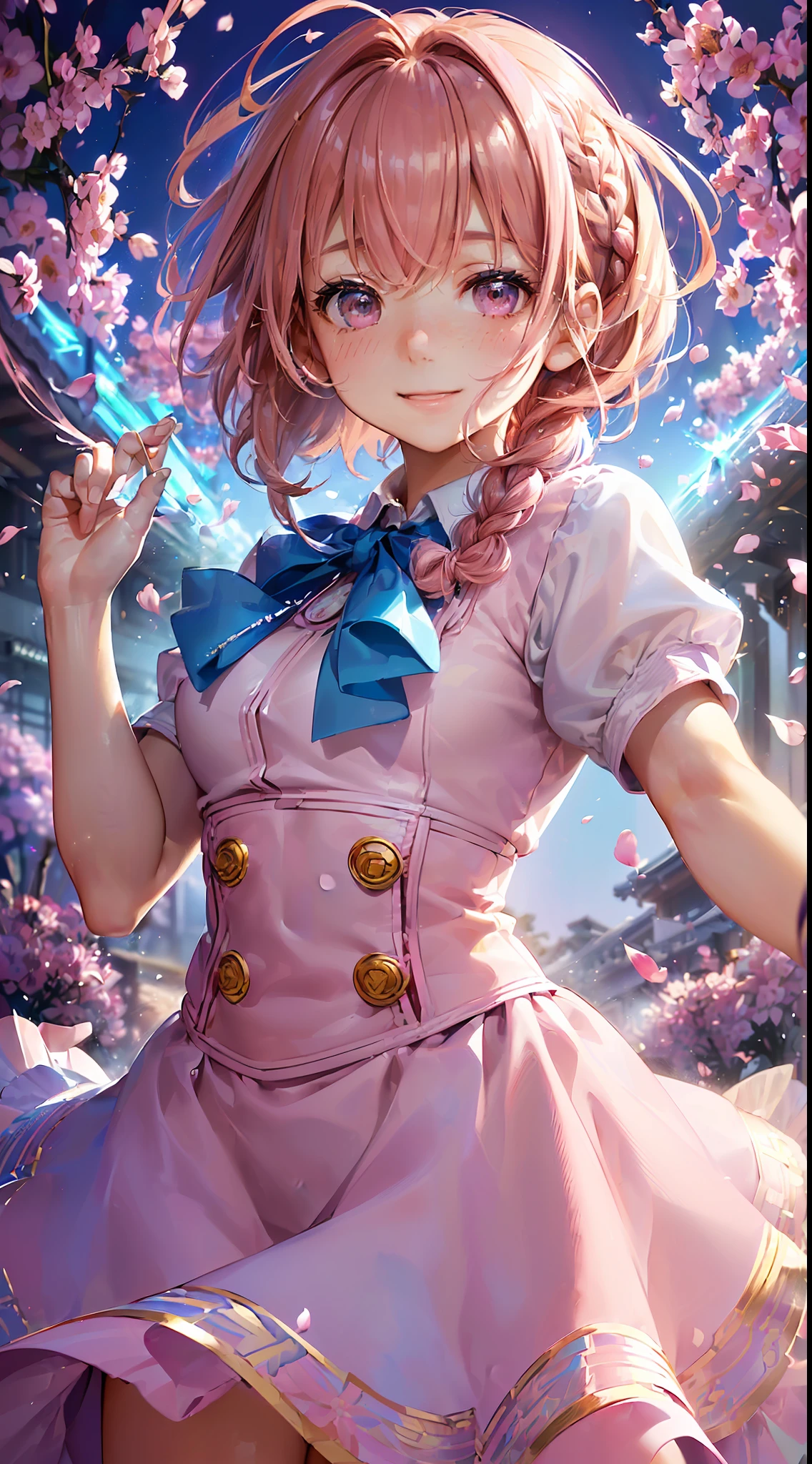 High resolution, ultra-detailed, ((((2D))), Japan person, 1 girl, -yeld hischool girl, (((pink hair)), intricate and beautiful braided hairstyle, pink school uniform, uniform by designer, short sleeves, (bob hair), dull bangs, finely detailed eyes, golden ratio face, 8 lifents, sunlight, complex iridescent light grains, complex light reflection, beautiful petal shower, background blue sky, transparency, hidden beauty, Smiling, deep description, full of energy, looking at the viewer, fantastic depiction, complex attraction, tenderness overflowing from within, neon, beautiful fine petals or dancing, little skin exposure, dynamism, carefully drawn fingers, many flowers drawn, soft skin, heart ribbon, masterpiece