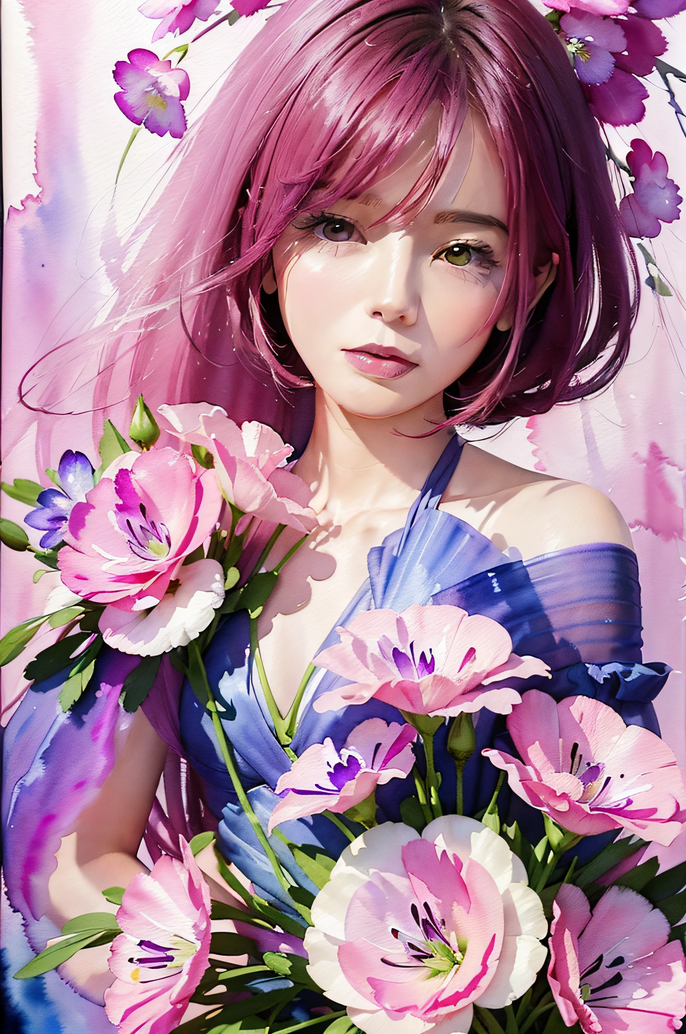 1girl,flower, Lisianthus ,in the style of light pink and light azure, dreamy and romantic compositions, pale pink, ethereal foliage, playful arrangements,fantasy, high contrast, ink strokes, explosions, over exposure, purple and red tone impression , abstract, ((watercolor painting by John Berkey and Jeremy Mann )) brush strokes, negative space,