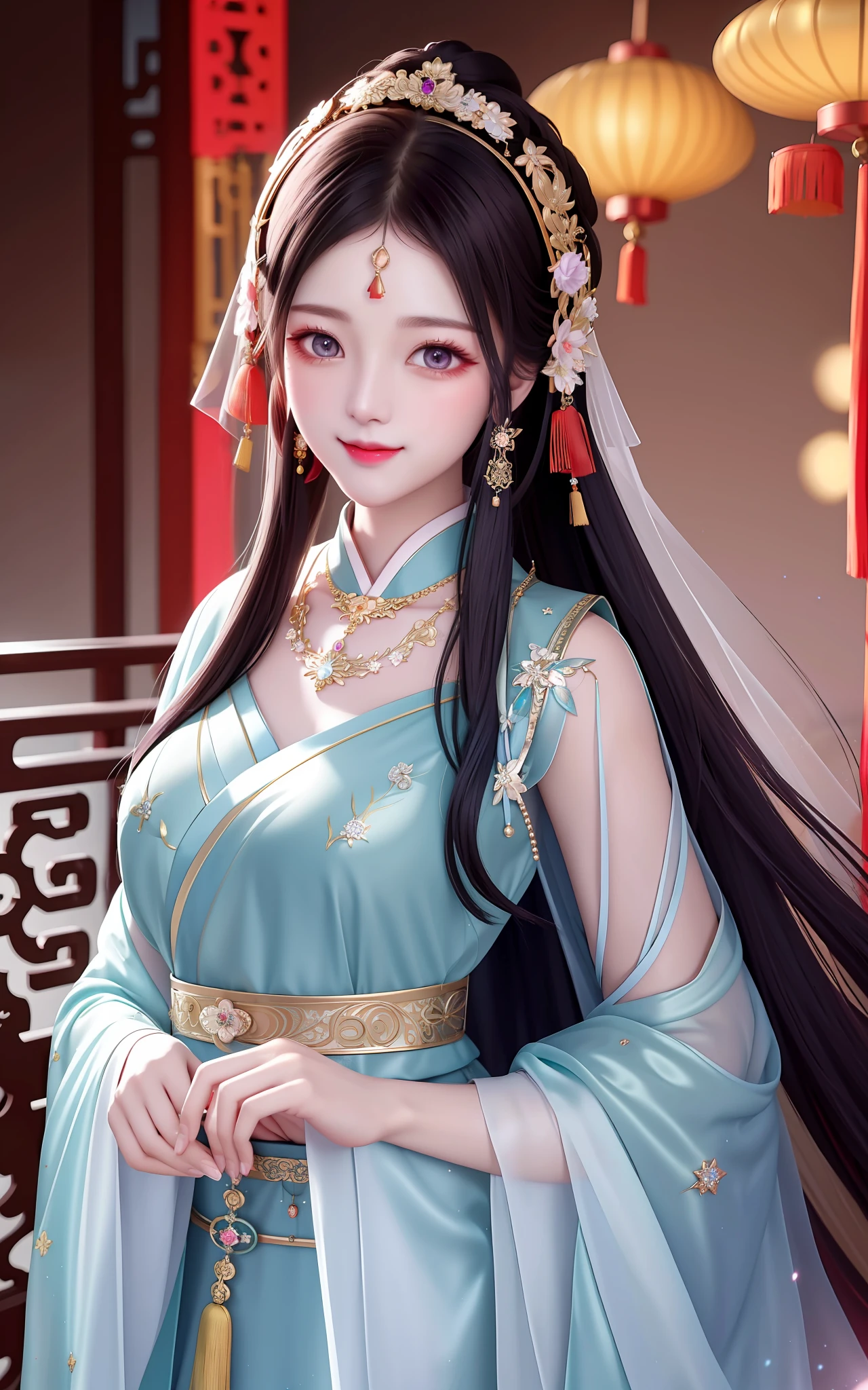 Mysterious and charming smile, dark starry eyes, veiling, high skin details, traditional Chinese costumes, gorgeous hair accessories, necklaces and jewelry, soft light and volumetric lighting, gorgeous 8K high-resolution visual enjoyment, blurred background, a beautiful masterpiece.