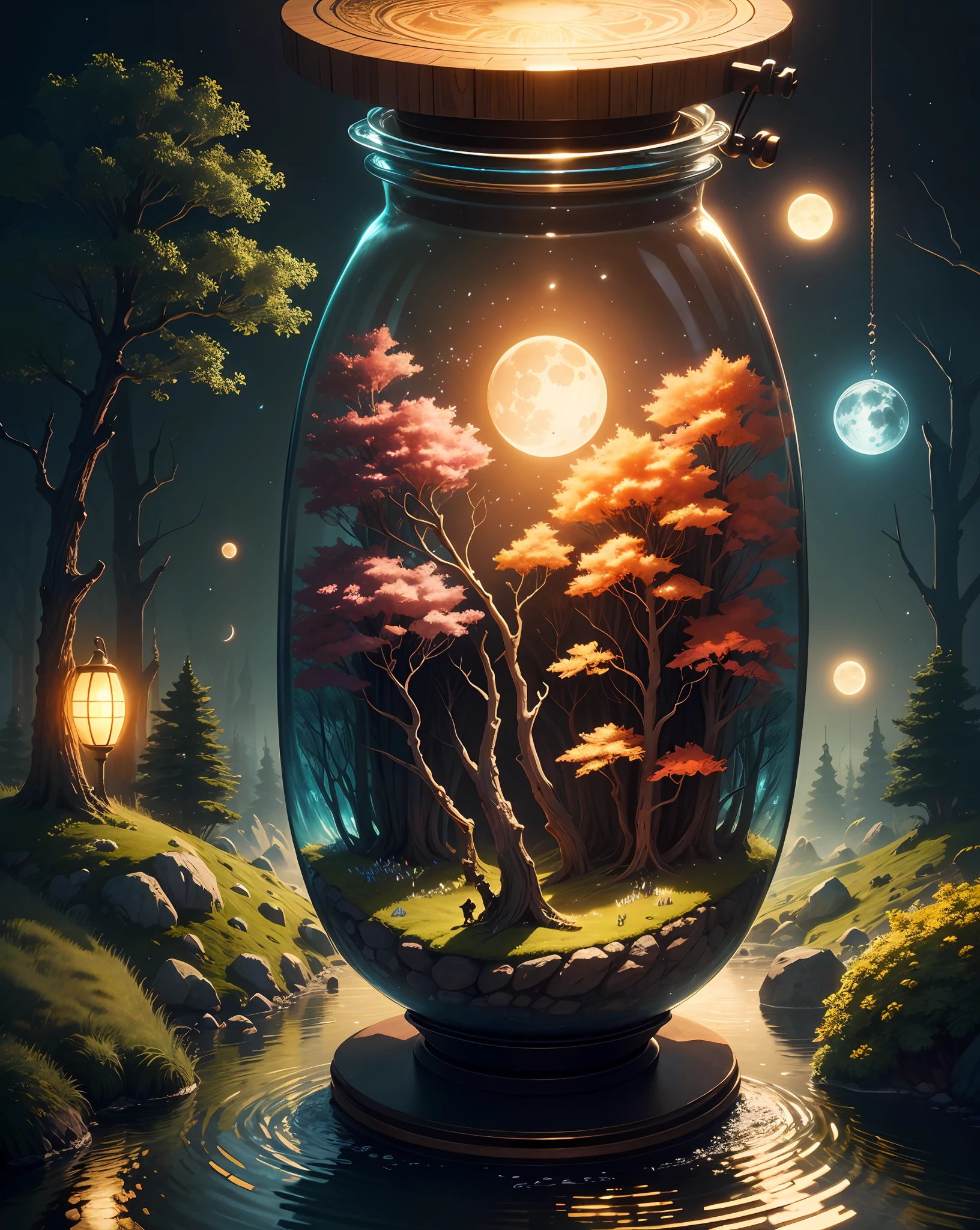 a highly detailed and colorfull forest with
giant bright moon, vault of heaven , butterflys and a river enclosed in a Giant jar. 8k, octane render, Intricate hyperdetails, Symmetrical,