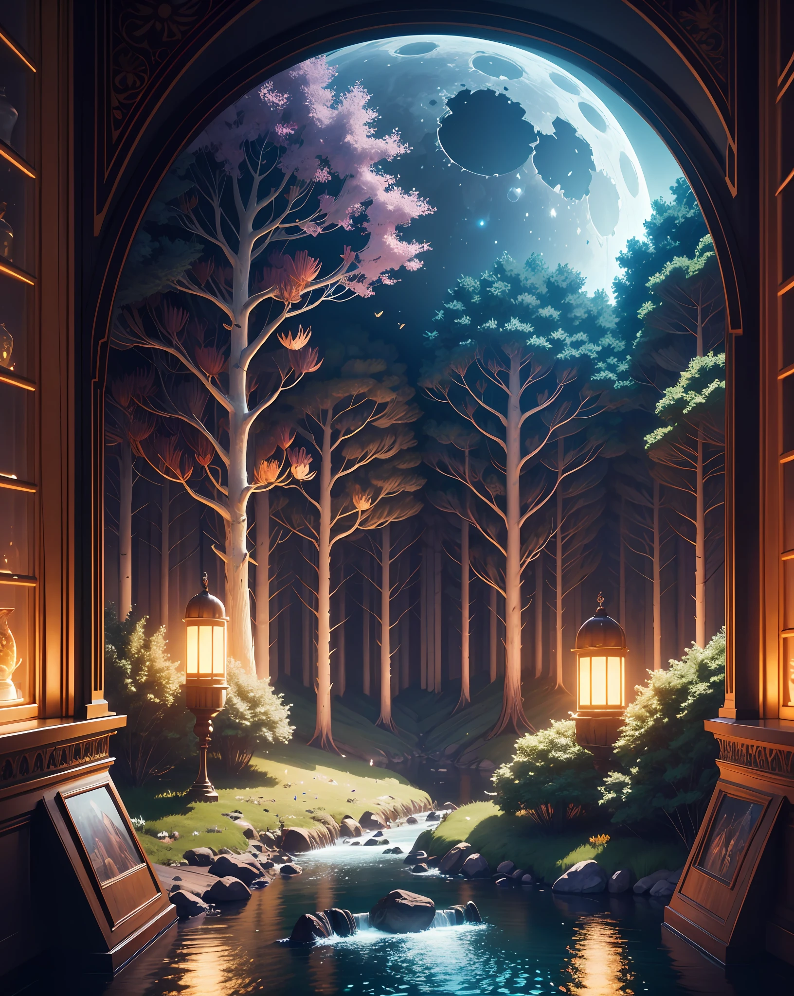 a highly detailed and colorfull forest with 
giant bright moon, vault of heaven , butterflys and a river enclosed in a Giant jar.  8k, octane render, Intricate hyperdetails, Symmetrical,