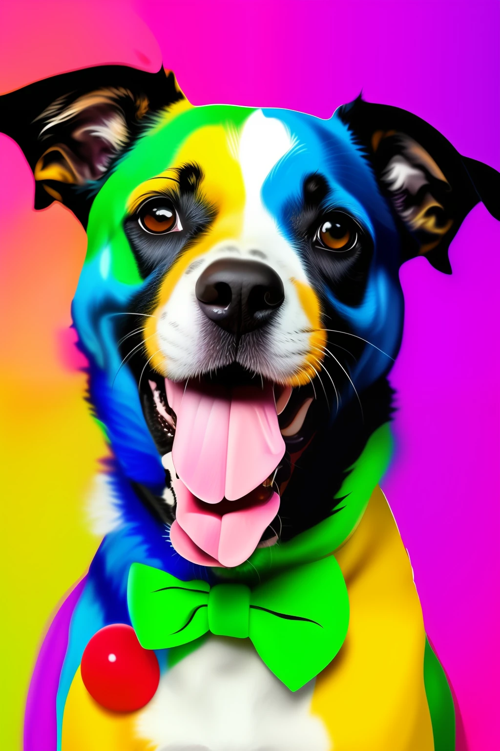 (best quality, cartoon, front view, portrait)), happy dog with clown makeup, colorful, vibrant colors, digital art