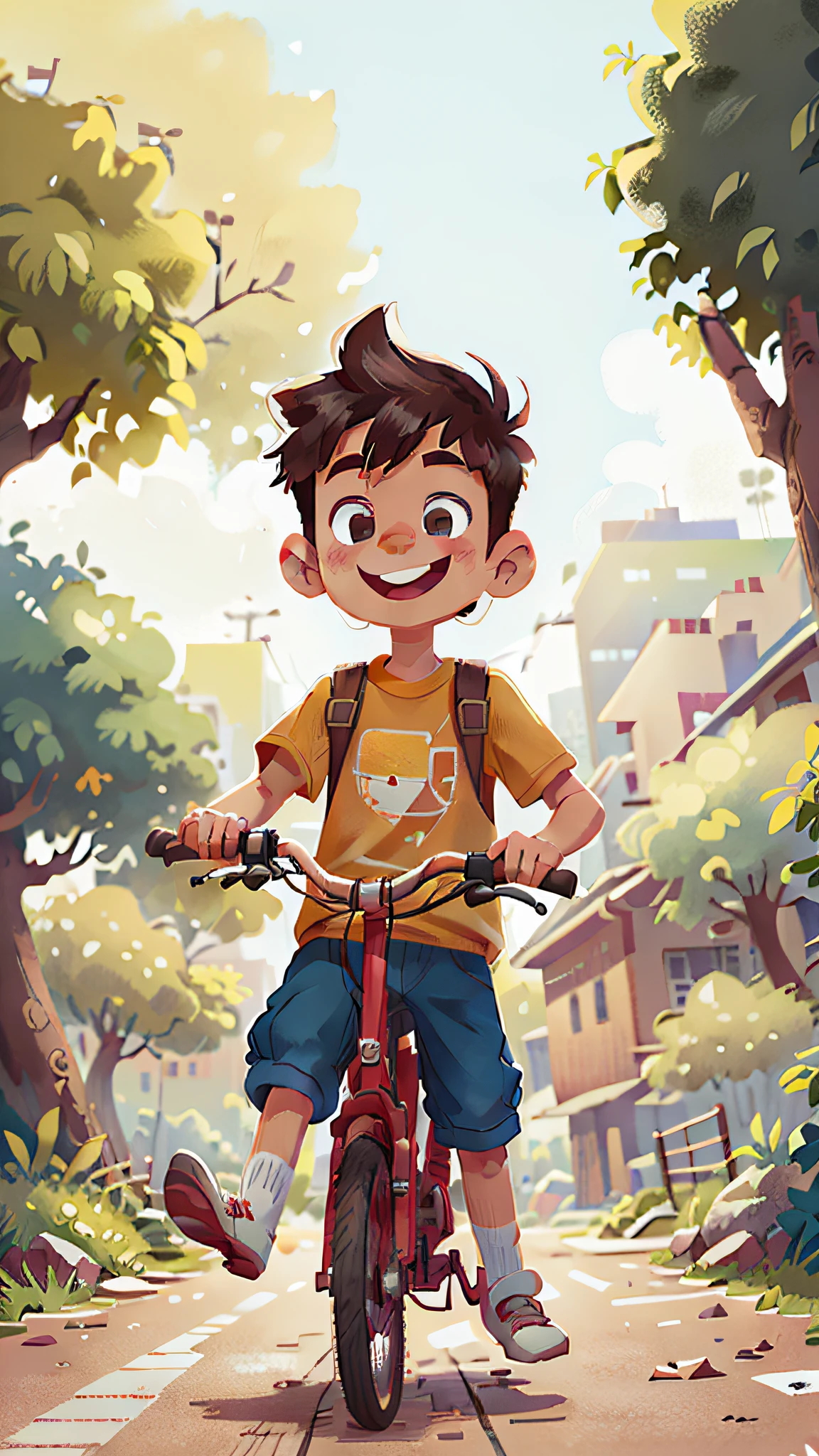 a boy riding a bike, smiling park in the background