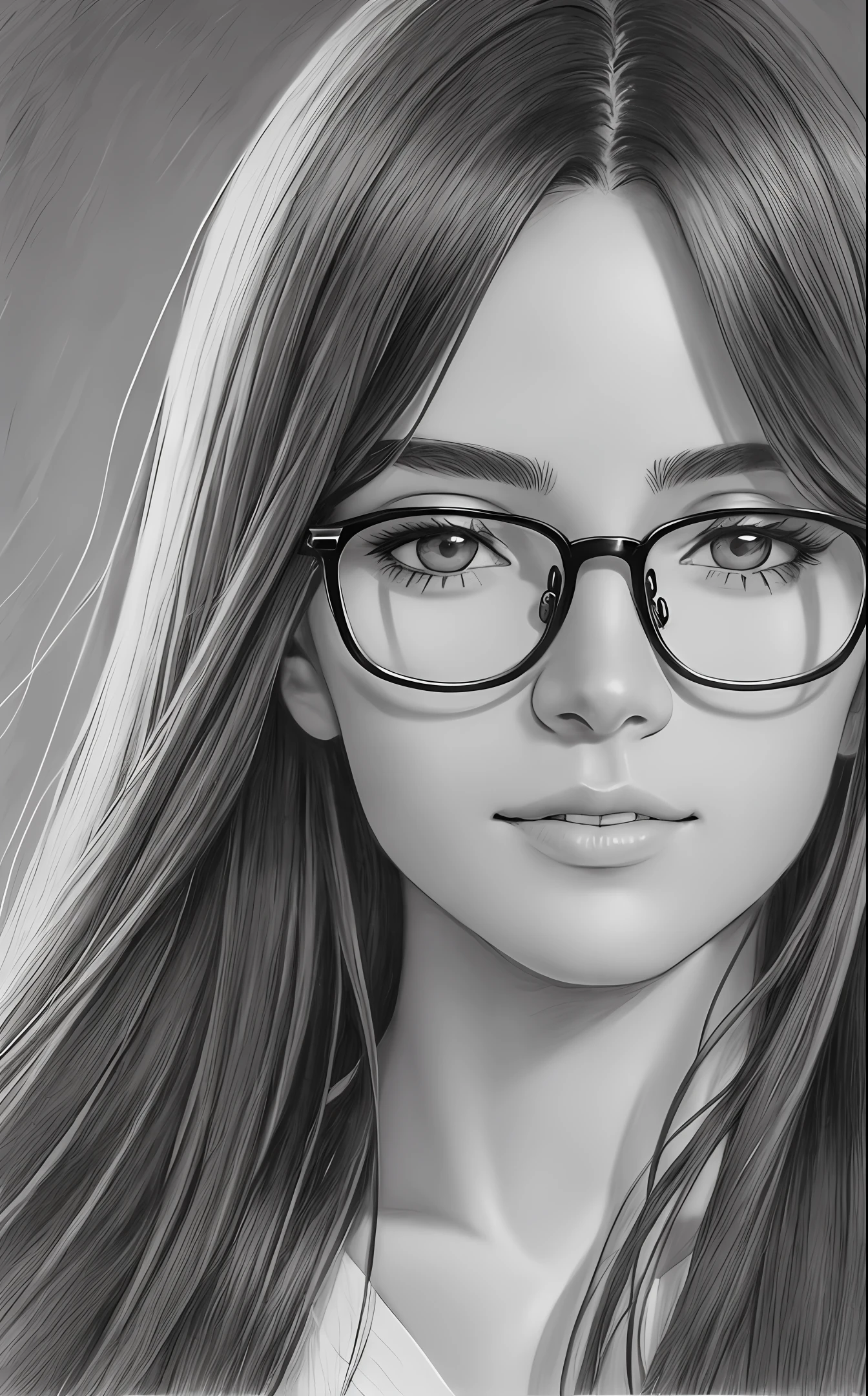 a pencil drawing of a realistic portrait of a young person, fair skin, long nose straight hair wearing glasses, serene expression. Explore the play of light and shadow to highlight facial details. Use smooth, precise strokes to create textures and capture the essence of life experience. --auto --s2