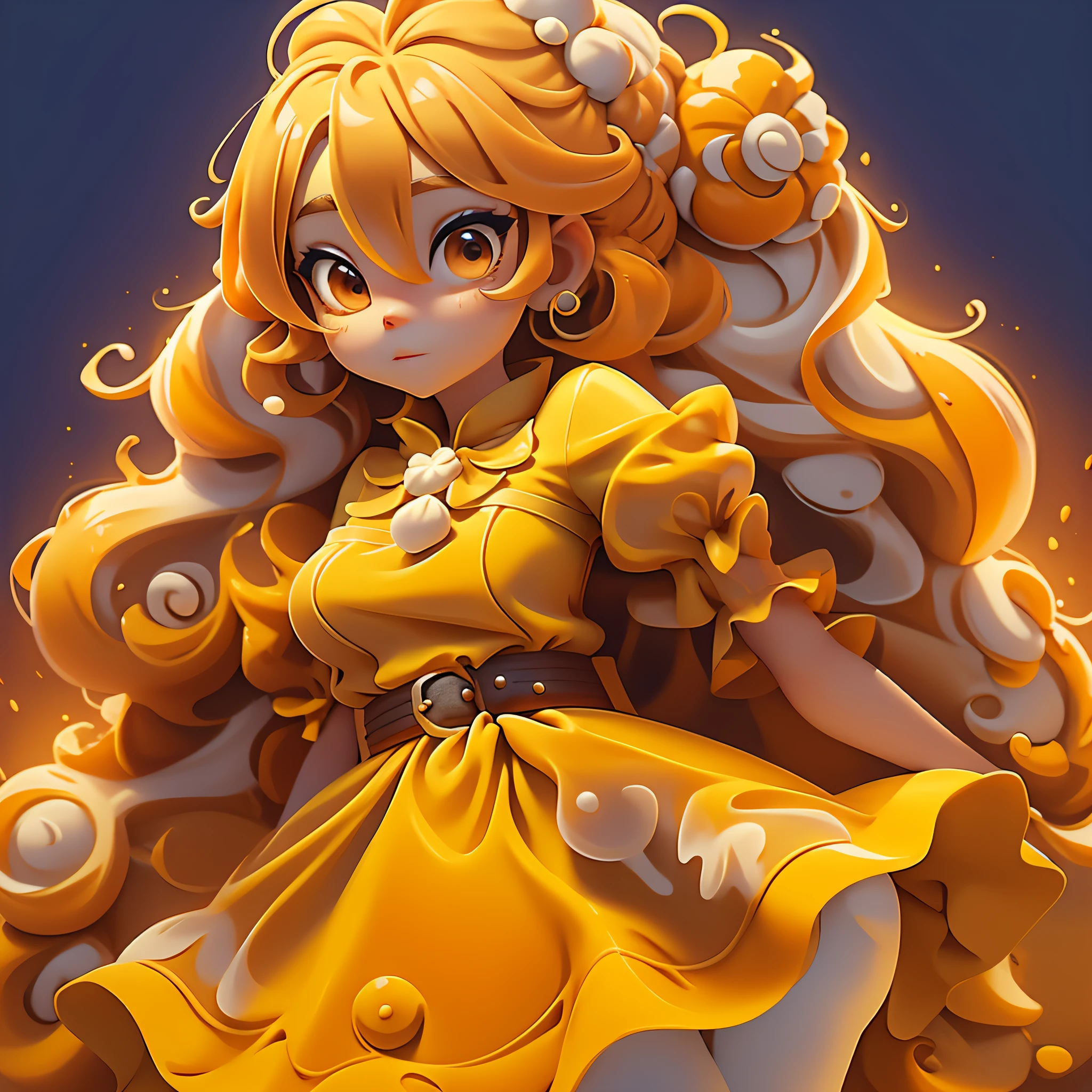Slime girl, (slime), Slime hair Double buns hair style, Pumpkin Orange, White Princess dress with weapon belt, Masterpiece, Best Quality