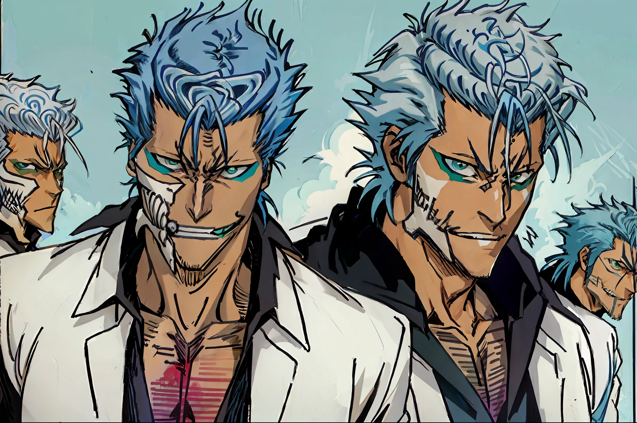masterpiece, best quality, ((1man)),blue hair,green eyes,serious expression, smiling,waist up,line art,medium hair,white blazer,black t-shirt,expressionless eyes,((Tite Kubo style))