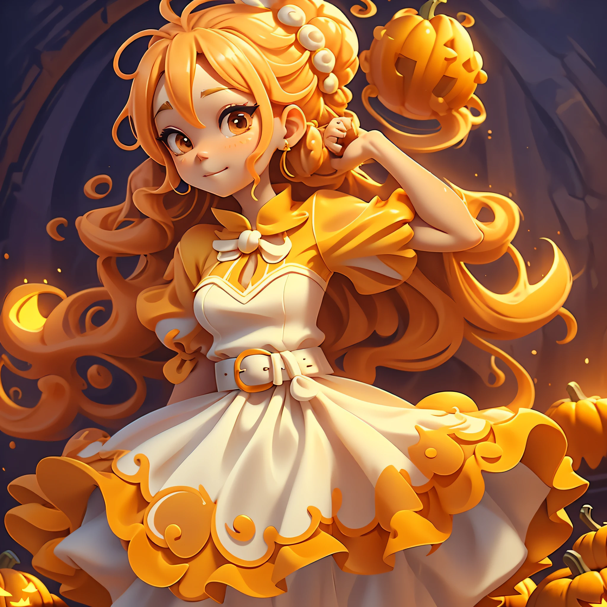 Slime girl, (slime), Slime hair Double buns hair style, Pumpkin Orange, White Princess dress with weapon belt, Masterpiece, Best Quality