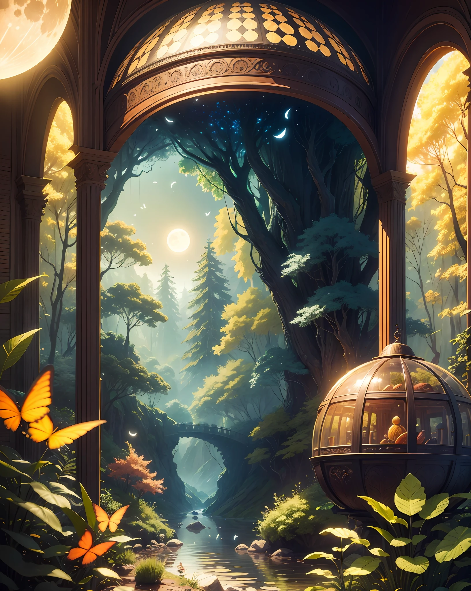 a highly detailed and colorfull forest with
giant bright moon, vault of heaven , butterflys and a river enclosed in a Giant jar. 8k, octane render, Intricate hyperdetails, Symmetrical,