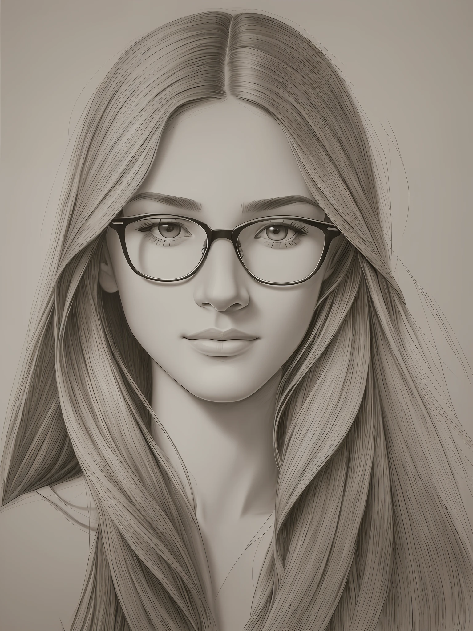 a pencil drawing of a realistic portrait of a young person, fair skin, long nose straight hair wearing glasses, serene expression. Explore the play of light and shadow to highlight facial details. Use smooth, precise strokes to create textures and capture the essence of life experience. --auto --s2