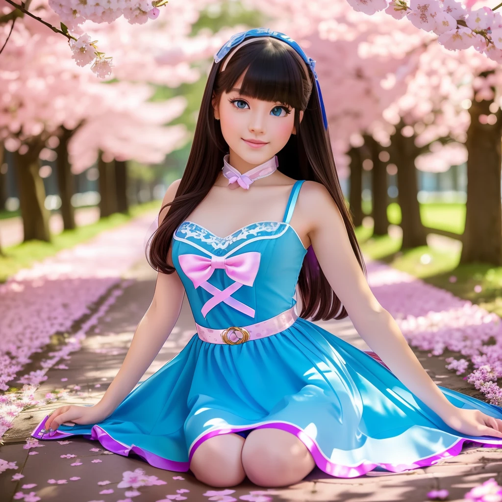 full body,perfect 10,full length portrait of european kpop idol girl rapunzel with floor length long hair walking through cherry blossom alley on a sunny day,the girl is wearing a short chinese short qipao dress with sexy cutouts on the sides at the bottom,patterns on bright blue dress in the form of pink cherry blossoms, the edges of the dress are decorated with a gold ribbon, the girl's legs in black stockings with mesh suspenders, shod in beautiful graceful blue stilettos with pink bows on her ankles, the girl's mood is playful flirting and smiling looking at the camera, the girl's eyes are bright blue color with large and long eyelashes, slightly slanted like a cat, facial features are the best with ideal proportions, the face is oval, the shooting angle is slightly lower, the head, arms, legs without crop are fully visible, high definition, clear focus, epic realistic style, photorealism, sunny backlight highlights the contours of the girl drawing a light outline, front light is soft, soft shadows, depth of field, beautiful bokeh, glare and lens flare, style like jerry gionis, golden ratio, monocle photo lens, monocle style image, optical resolution of the photo matrix 100 megapixels with detailed detail --auto --s2
