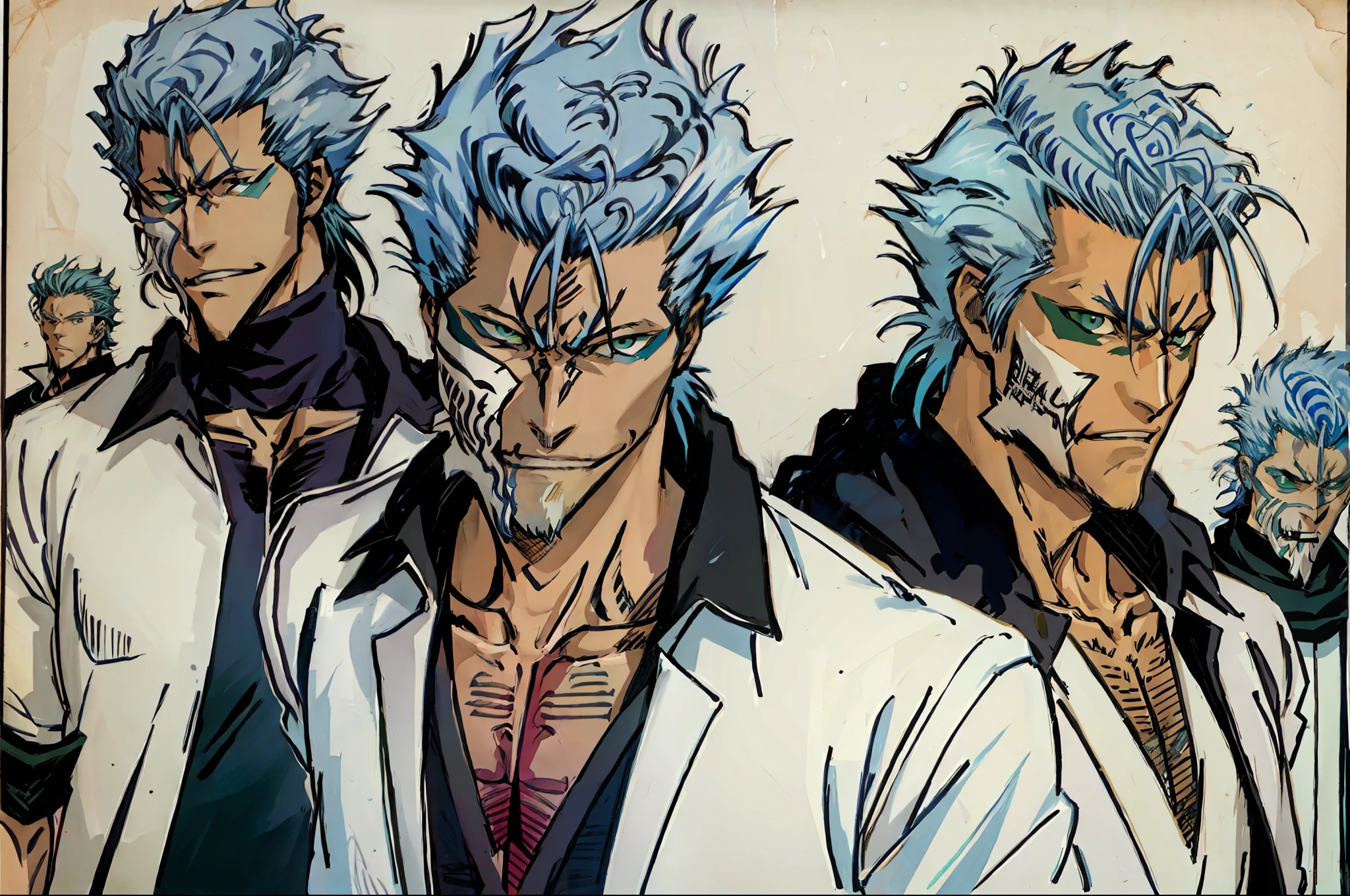 masterpiece, best quality, ((1man)),blue hair,green eyes,serious expression, smiling,waist up,line art,medium hair,white blazer,black t-shirt,expressionless eyes,((Tite Kubo style))