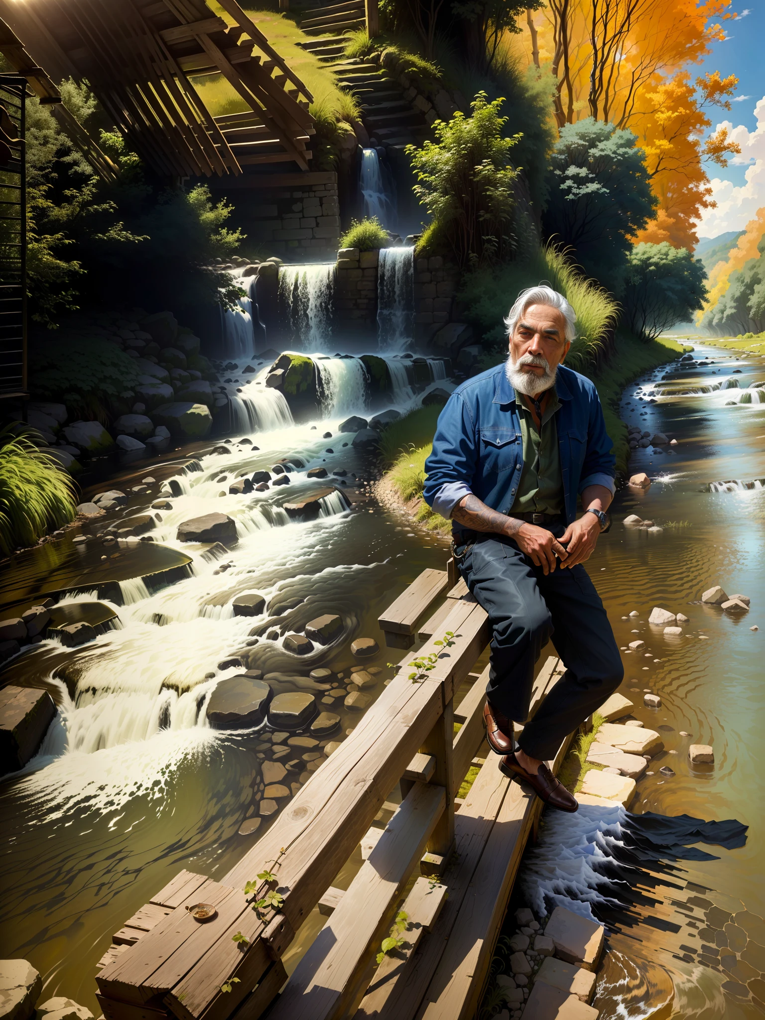 there is a man sitting on a fence by a stream, feeling the nature, river in front of him, sitting near a river, by Ramón Silva, beside a river, inspired by Bogi Fabian, harmony of nature, inspired by Sunil Das, by Fernando Gerassi, amidst nature, inspired by Ramón Silva, beside the river, by Judith Gutierrez