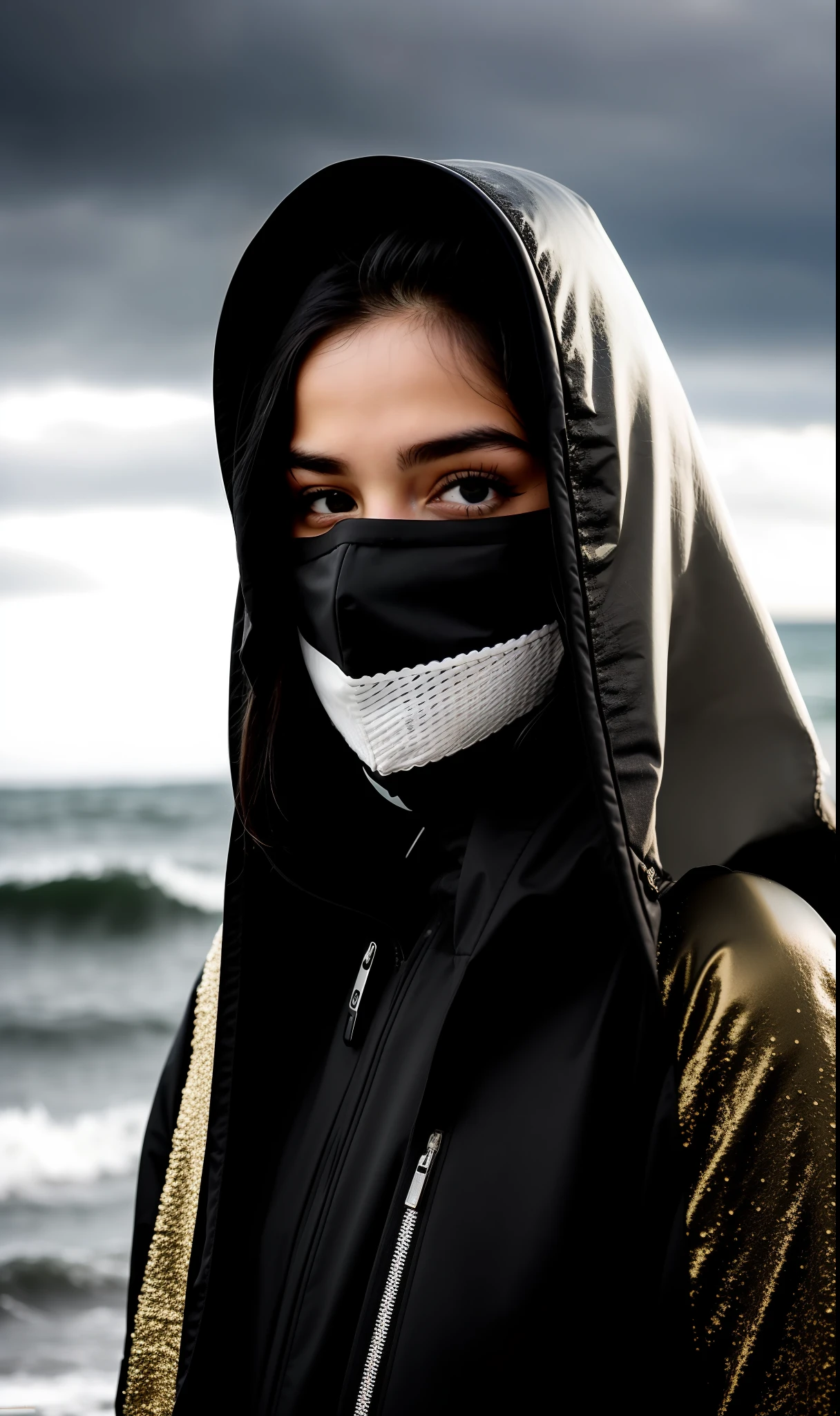 black and white photo of a masked woman covering everything but her teeth and gold grillz on her teeth, without showing her face in black neon silver clothes, face, half body, body, highly detailed skin with futuristic details, skin pores, coastline, dark cloudy weather black rays, wind, waves, 8k uhd, Dslr, soft lighting, high quality,  film grain, Fujifilm XT3