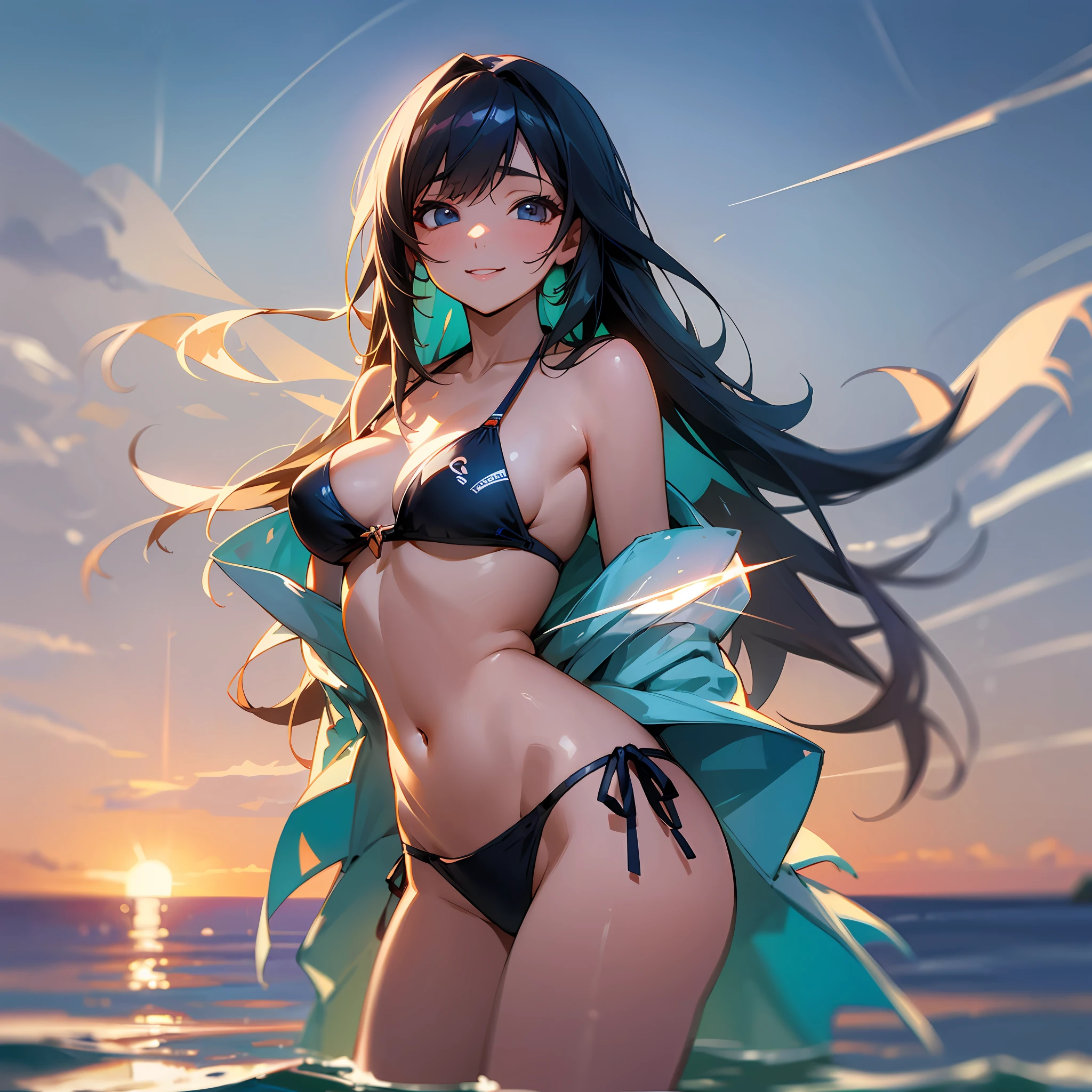 Seaside, a little little splash, long hair fluttering, girl, body proportions are particularly good, sexy bikini, smile is particularly good-looking, RAW photo, TanvirTamim, high quality, high resolution, sharp focus, very detailed, cinema lighting, 8k UHD --auto --s2