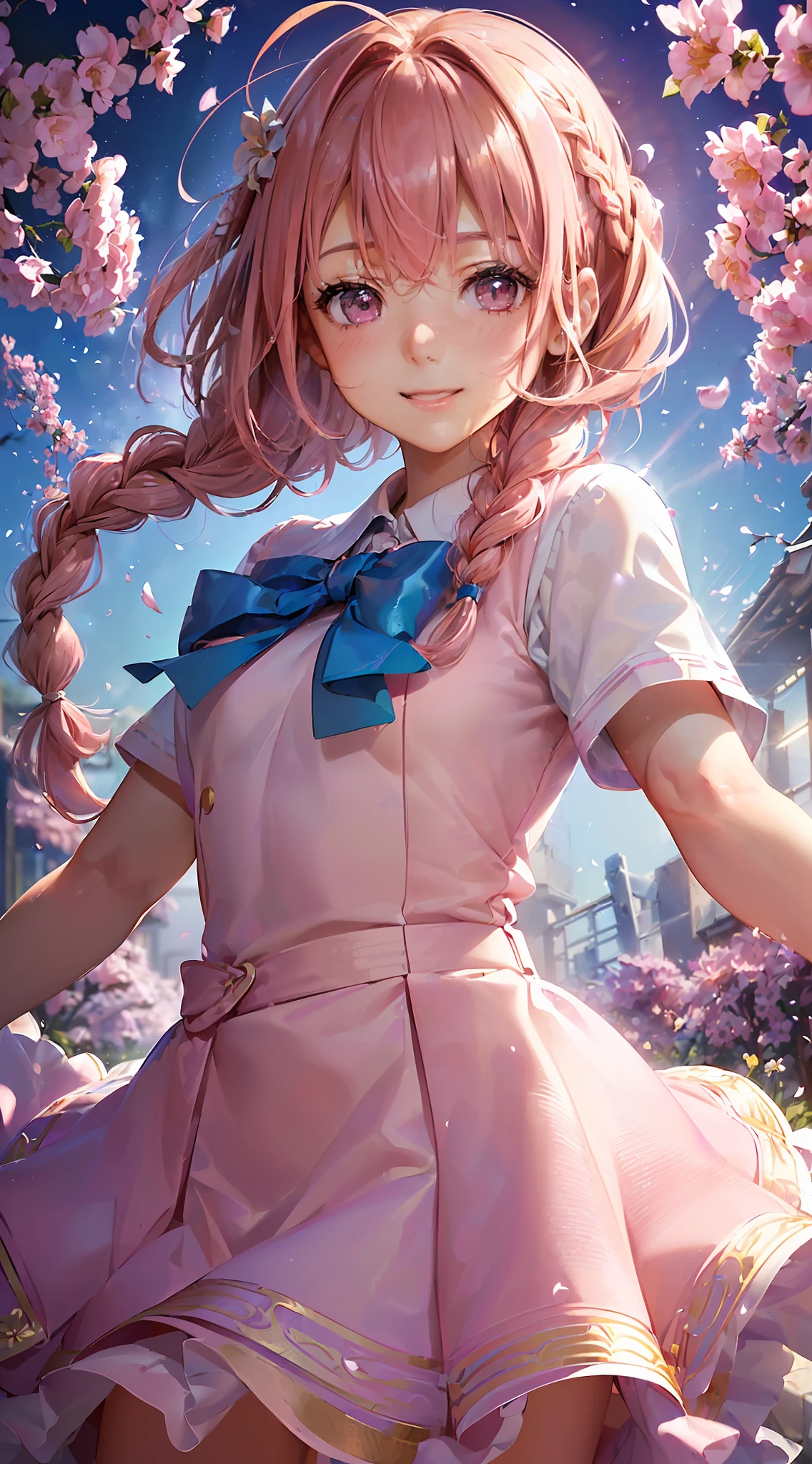 High resolution, ultra-detailed, ((((2D))), Japan person, 1 girl, 16-year-old high school girl, (((pink hair)), intricate and beautiful braided hairstyle, pink school uniform, uniform by designer, short sleeves, (bob hair), dull bangs, finely detailed eyes, golden ratio face, 8 lifents, sunlight, complex iridescent light grains, complex light reflection, beautiful petal shower, background blue sky, transparency, hidden beauty, Smiling, deep description, full of energy, looking at the viewer, fantastic depiction, complex attraction, tenderness overflowing from within, neon, beautiful fine petals or dancing, little skin exposure, dynamism, carefully drawn fingers, many flowers drawn, soft skin, heart ribbon, masterpiece