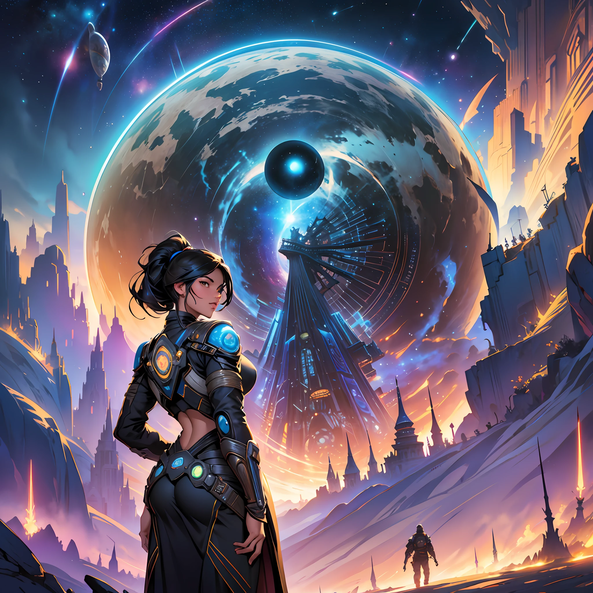 fantasy character illustration, street vender atomicpunk space city, regal refined realistic, detailed illustration, stargate space portal, majestic vista view, magic the gathering ringworld no man's sky artifacts, interstellar outer worlds, luminous sky, intricate complexity, pixar heavy metal, artgerm ilya kuvshinov art frahm robert crumb michael whelan mandy jurgens stephan martiniere magali villeneuveStyle: Photographic