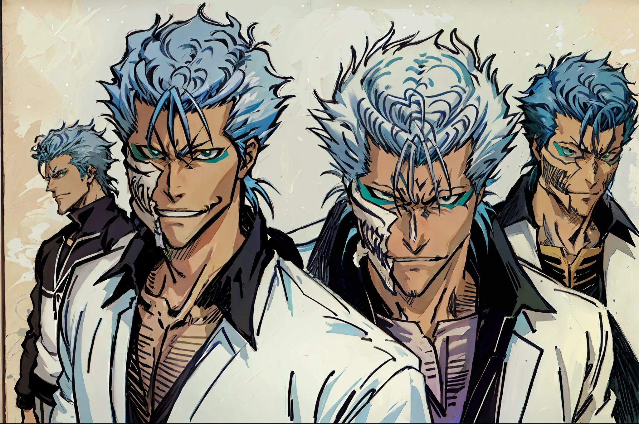 masterpiece, best quality, ((1man)),blue hair,green eyes,serious expression, smiling,waist up,line art,medium hair,white blazer,black t-shirt,expressionless eyes,((Tite Kubo style))