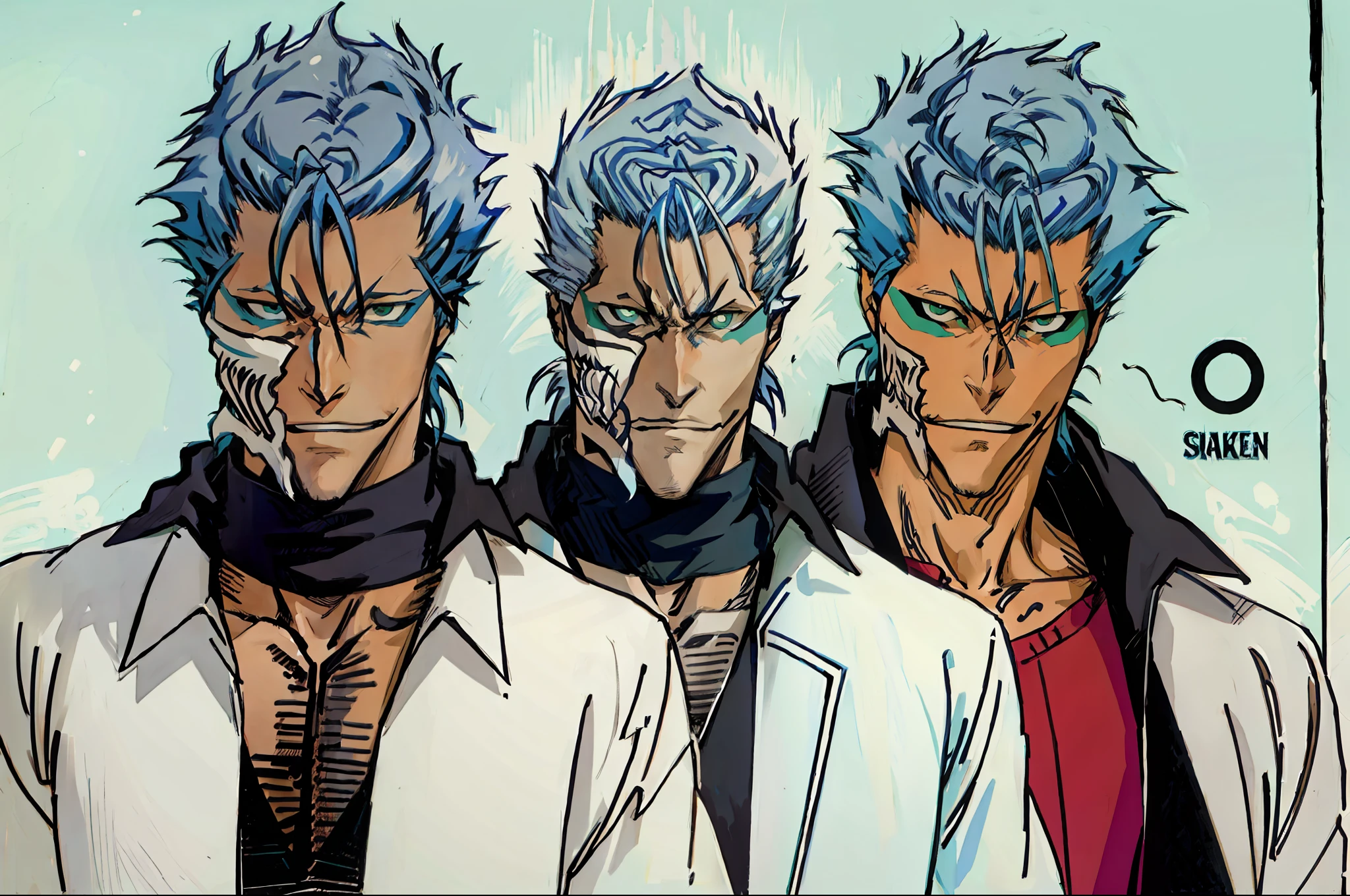masterpiece, best quality, ((1man)),blue hair,green eyes,serious expression, smiling,waist up,line art,medium hair,white blazer,black t-shirt,expressionless eyes,((Tite Kubo style))